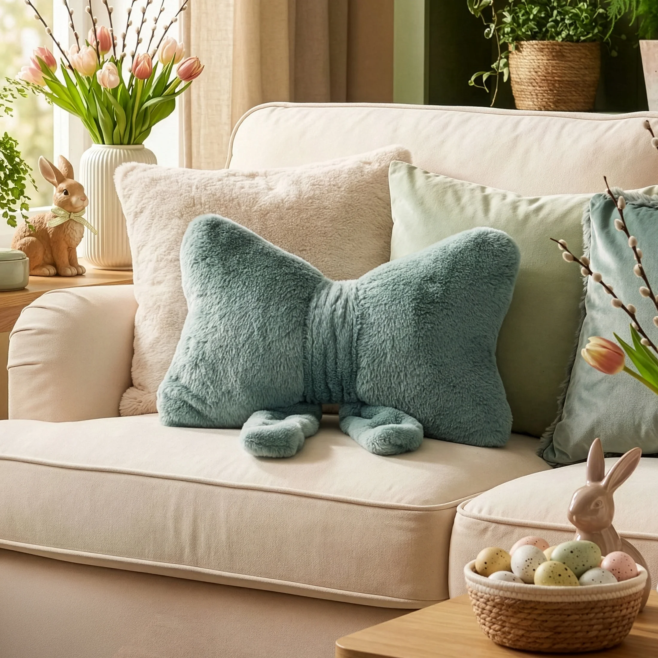 Poduszka w kształcie kokardy 37x30 cm z futerkowej tkaniny szałwiowa WIOSNA 135