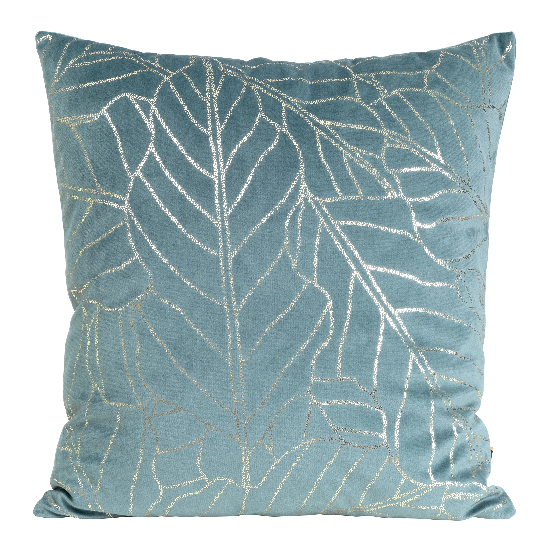 Poszewka na poduszkę 45x45 cm welwetowa niebieska z nadrukiem błyszczących liści BLINK 32 | eurofirany