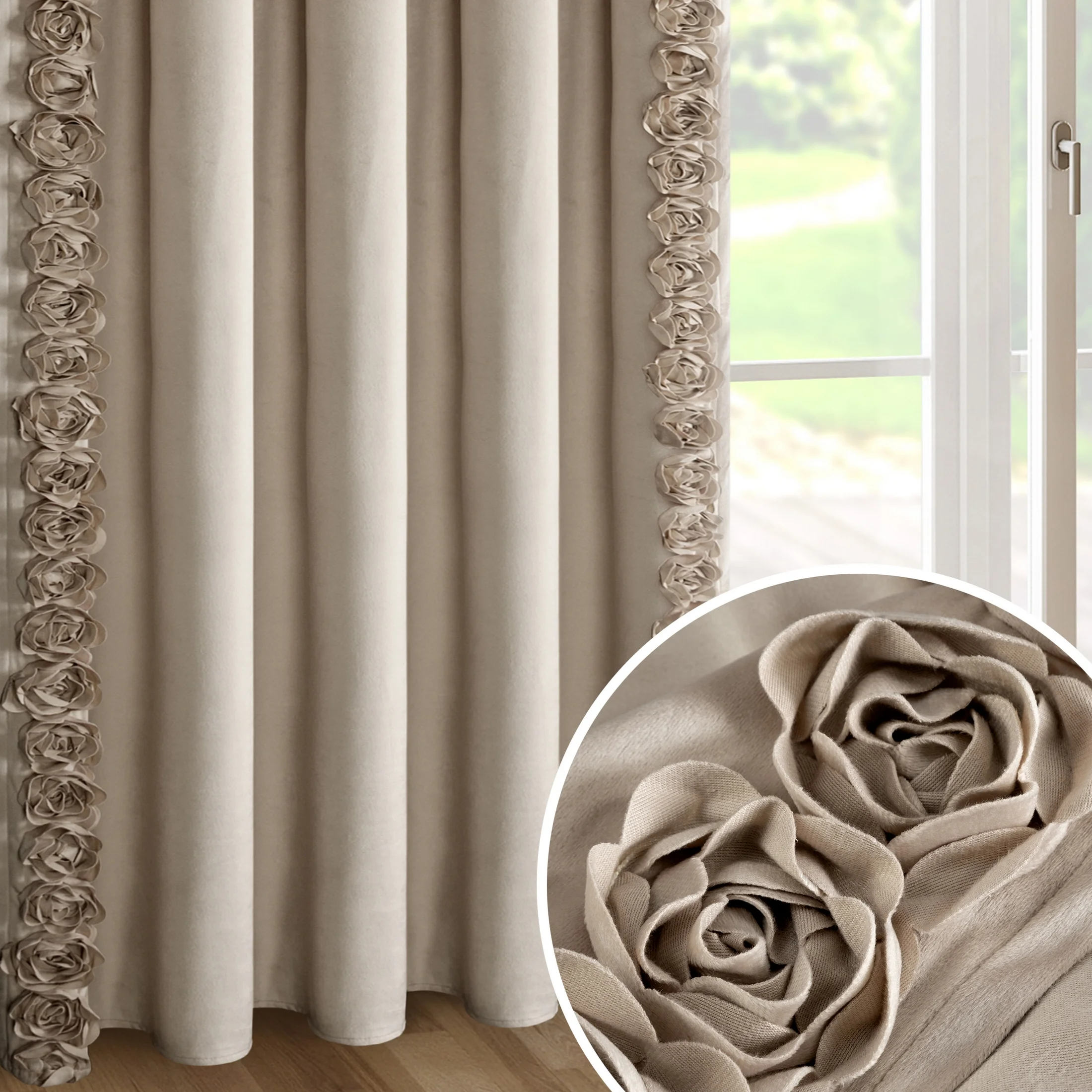 Zasłona ciemnobeżowa z welwetu zdobiona aplikacją 3D róż 140x270 cm taśma - ROSES Eva Minge | eurofirany
