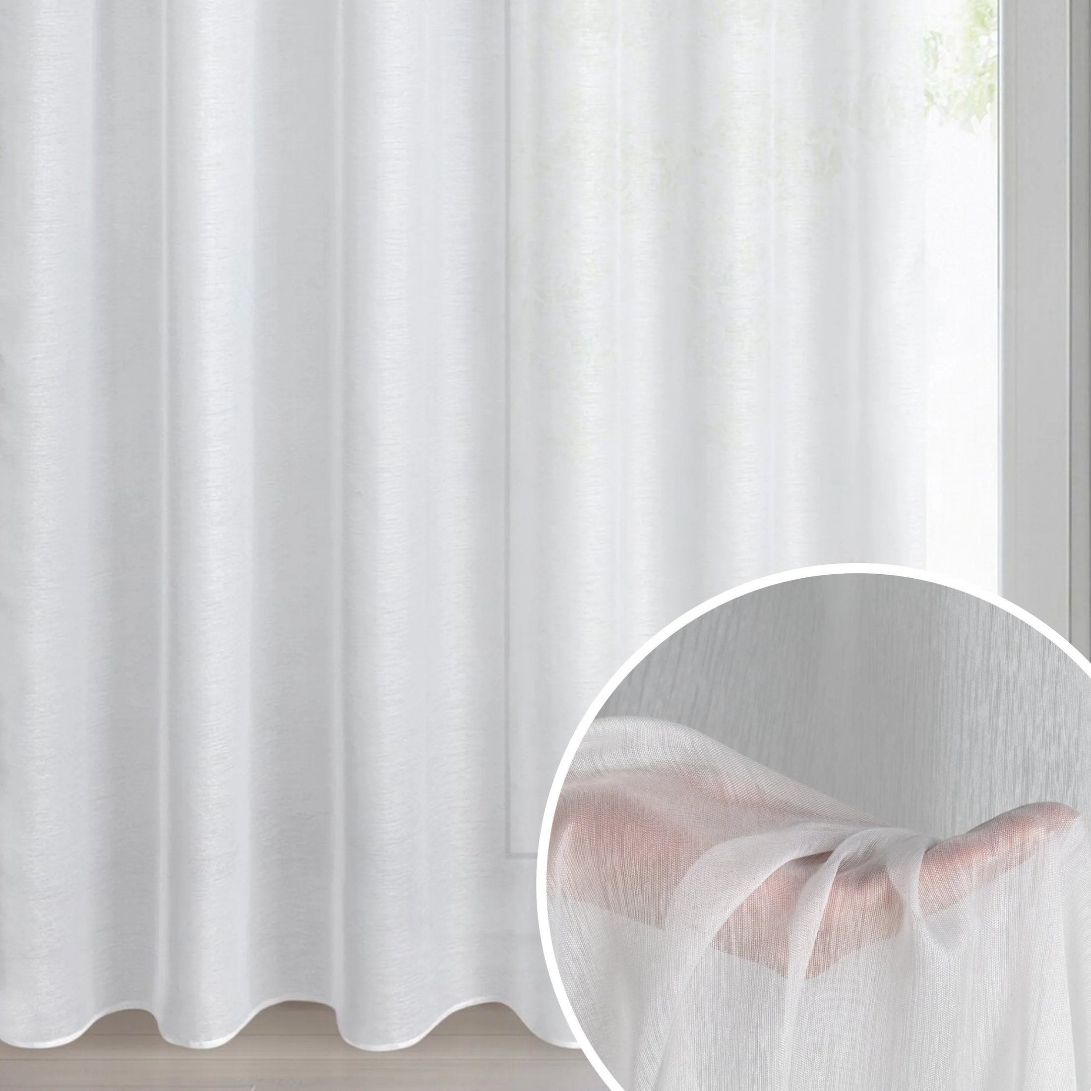 Firana biała o strukturze drobnego deszczyku wzór poziomy 300x270 cm taśma REBECCA | eurofirany