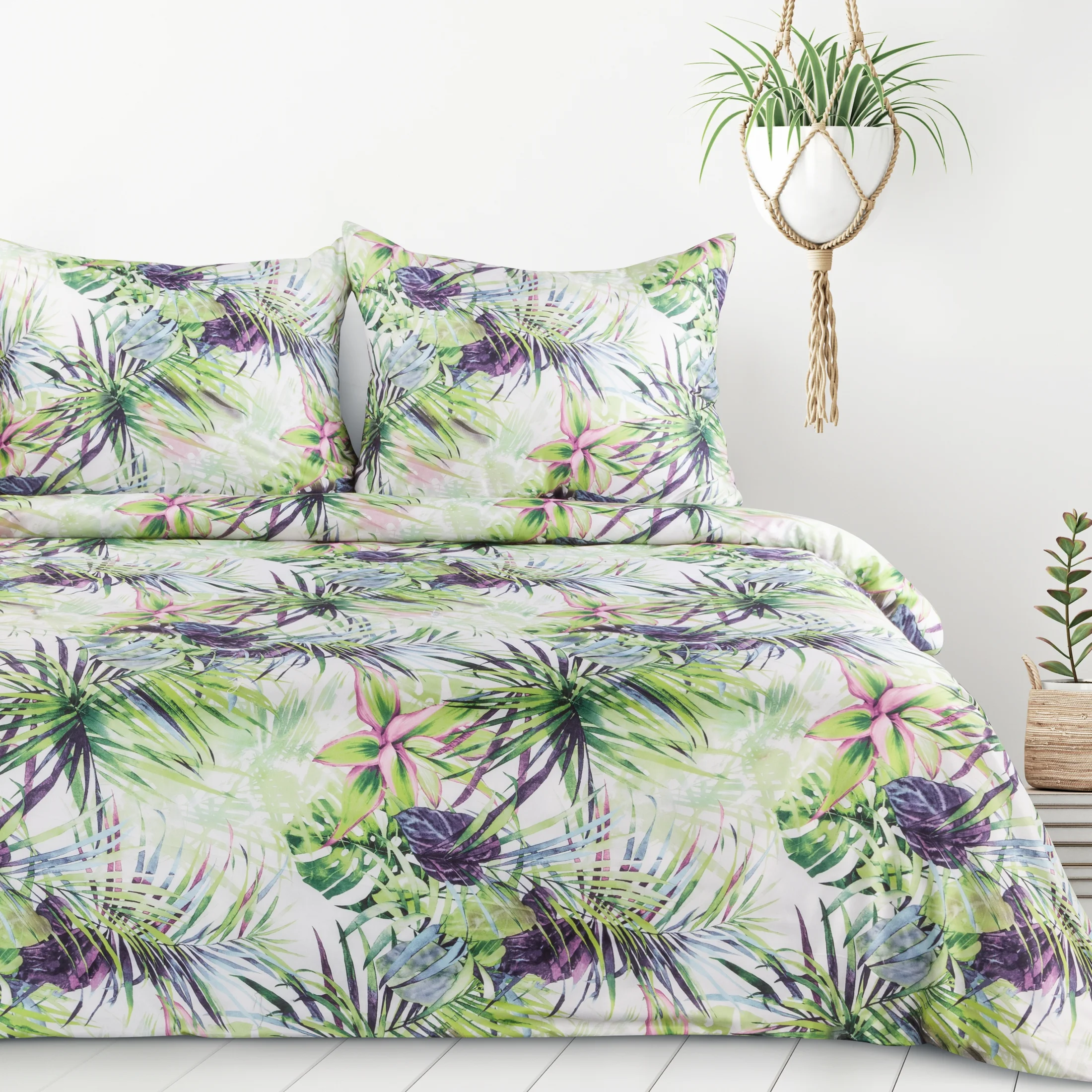 Pościel 160x200 cm z mikrofibry kolor jasnozielony, biały zdobiona botanicznym wzorem ROMMY Design 91 | eurofirany