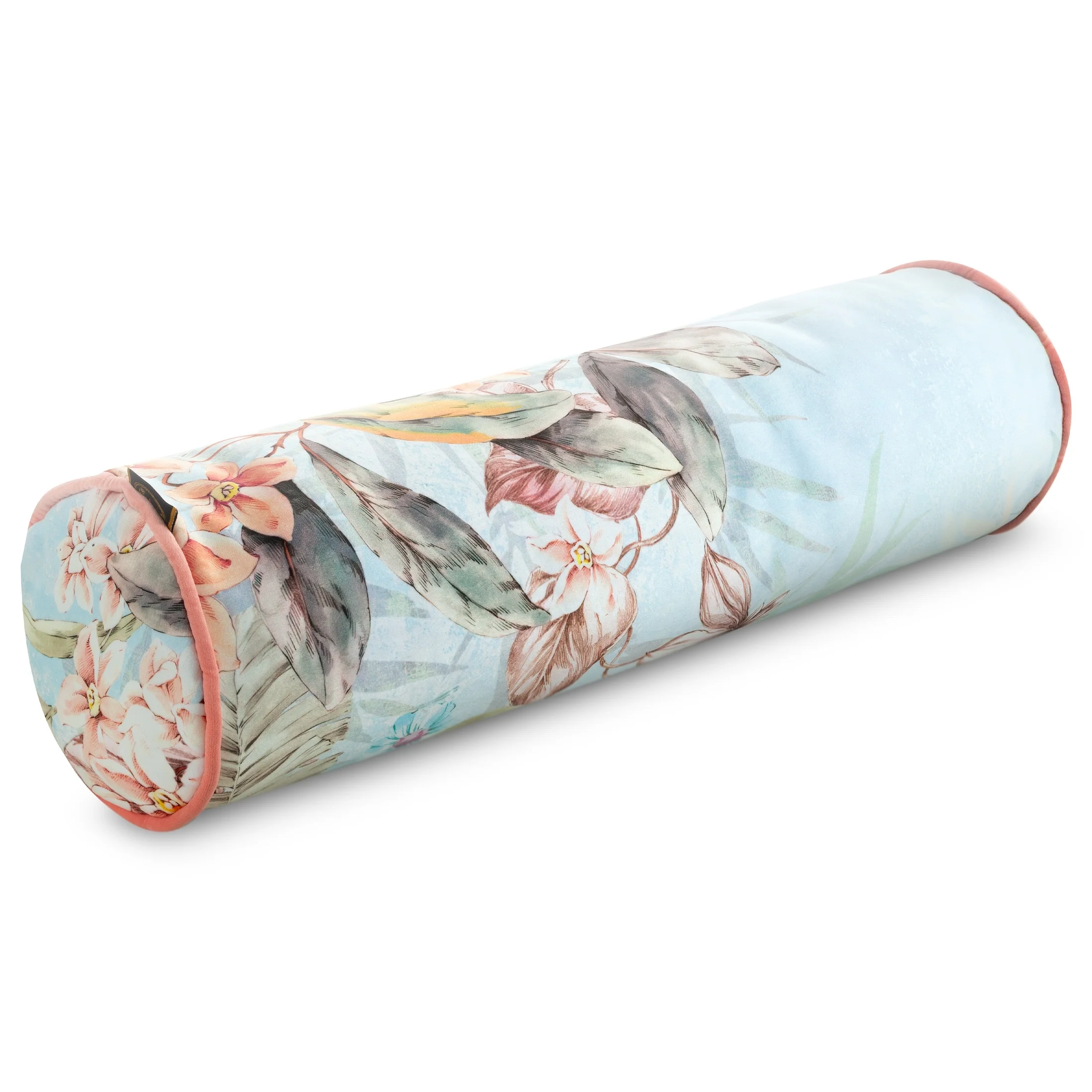 Poduszka w kształcie walca 62 x 16 cm welwetowa z kwiatowym nadrukiem i wypustką na brzegach ARLETA
