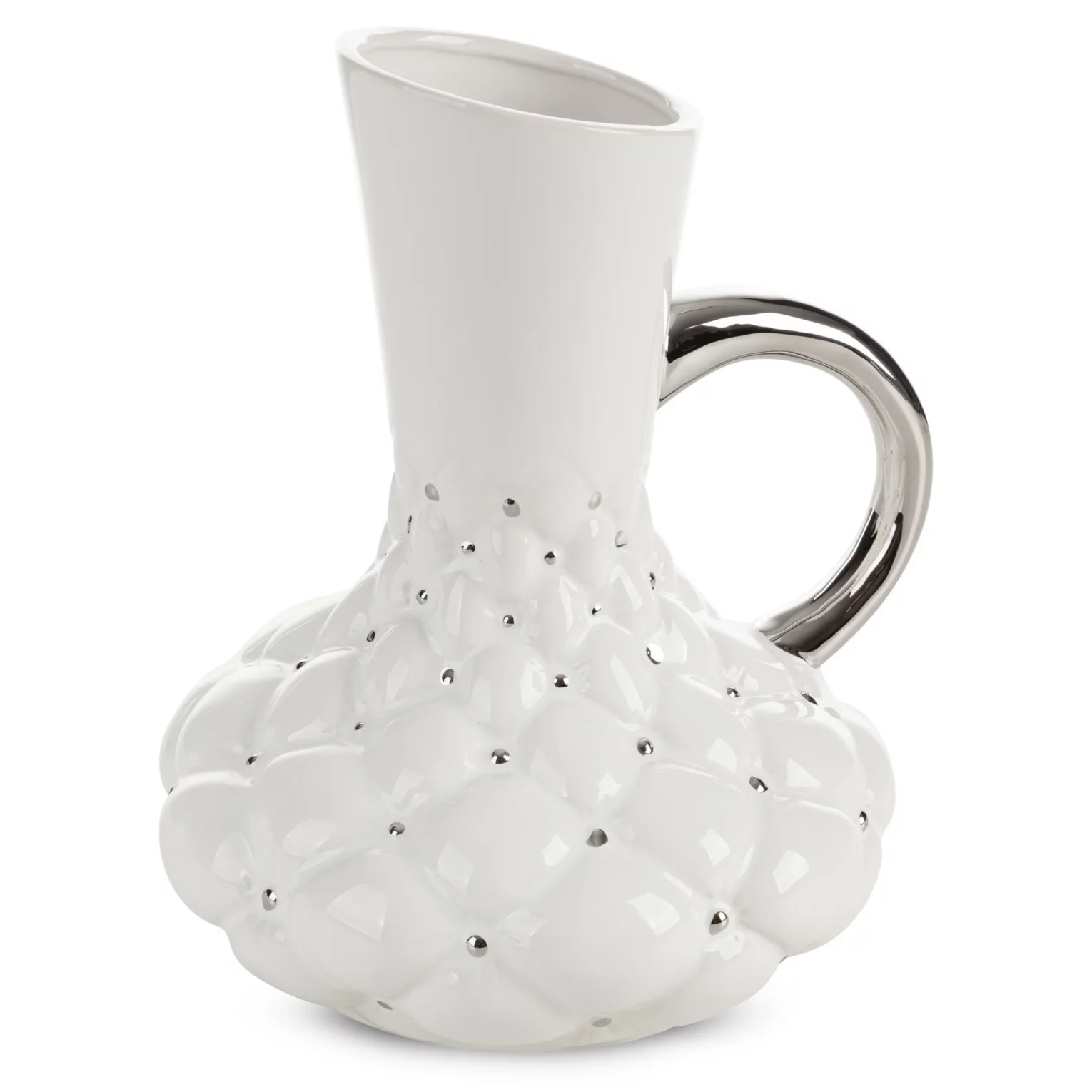 Pojemnik ceramiczny dekoracyjny biało-srebrny zdobiony pikowaniem średnica 18x24 cm ADORE