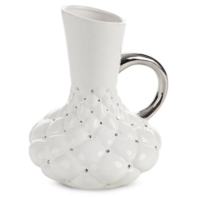 Pojemnik ceramiczny dekoracyjny biało-srebrny zdobiony pikowaniem średnica 18x24 cm ADORE