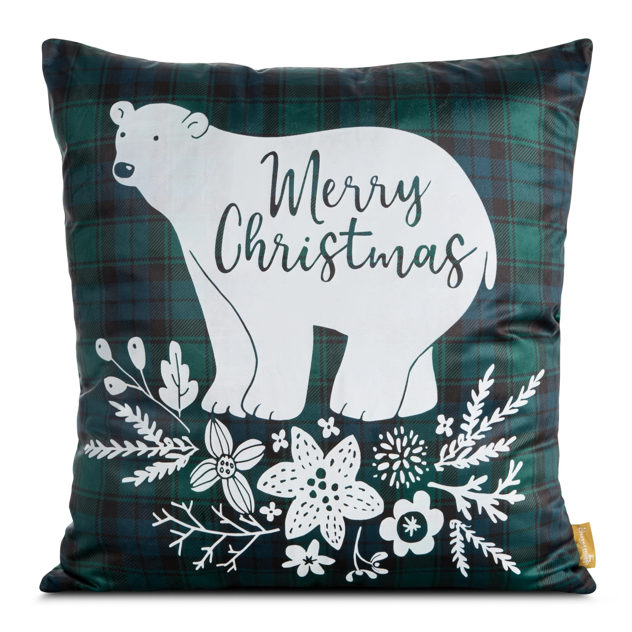 Poszewka na poduszkę 60x60 cm welwetowa, zielono biała z nadrukiem z misia CHERRY | eurofirany