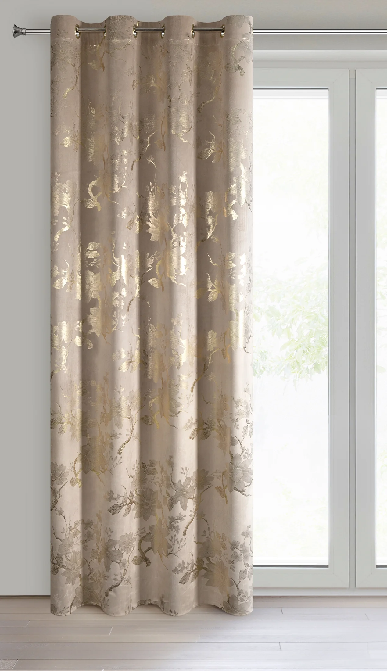 Zasłona beżowo, szampańska zdobiona nadrukiem błyszczących kwiatów 140x250 cm przelotka - CELIA