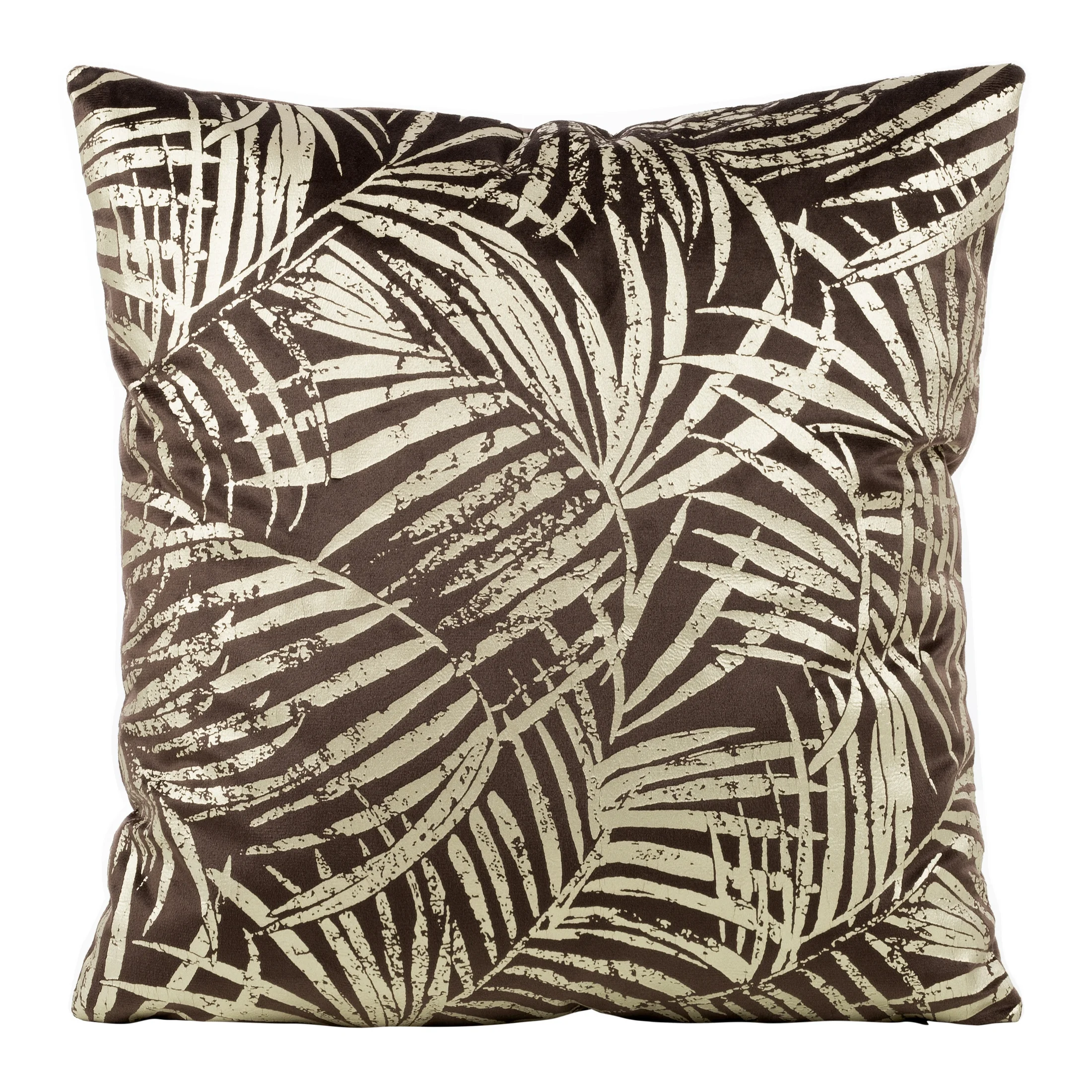 Poszewka na poduszkę 45x45 cm welwetowa brązowa ze złocistym nadrukiem liści BLINK 26 | eurofirany