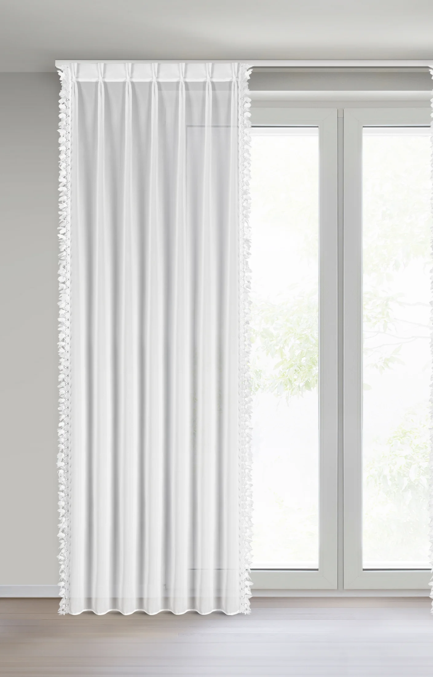 Firana biała z szyfonu zdobiona aplikacją 80x270 cm (wymiar podany na gotowo) system flex - LORETA