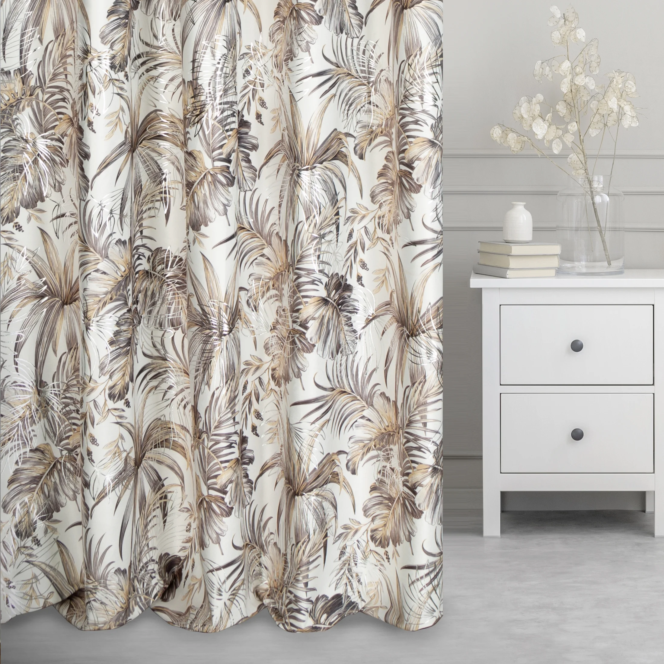 Tkanina zasłonowa welwetowa, z nadrukowanym motywem botanicznym i błyszczącymi elementami