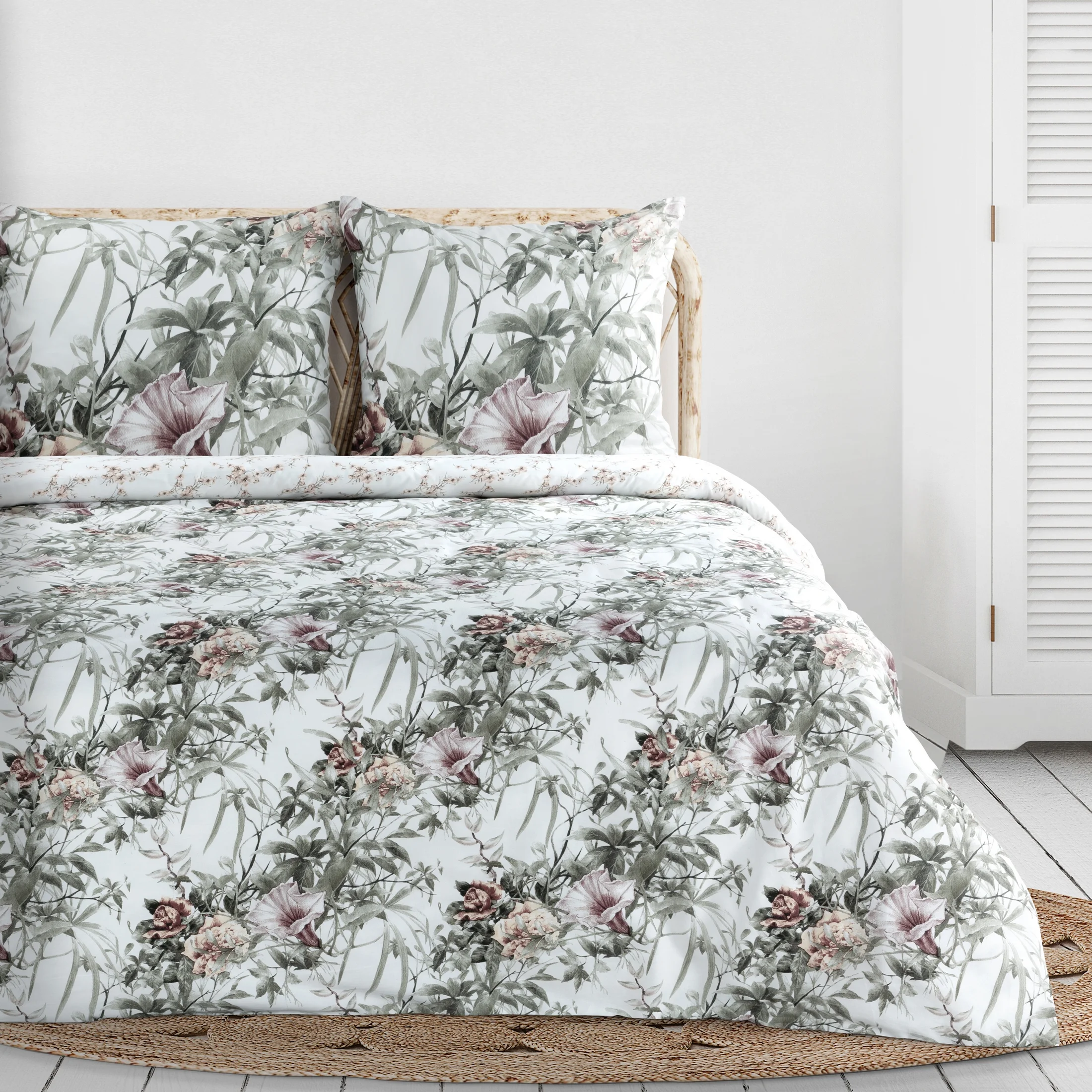 Pościel 220x200 cm bawełniana kolor biały, stalowy dwustronna z wzorem botanicznym NIKA 53 | eurofirany