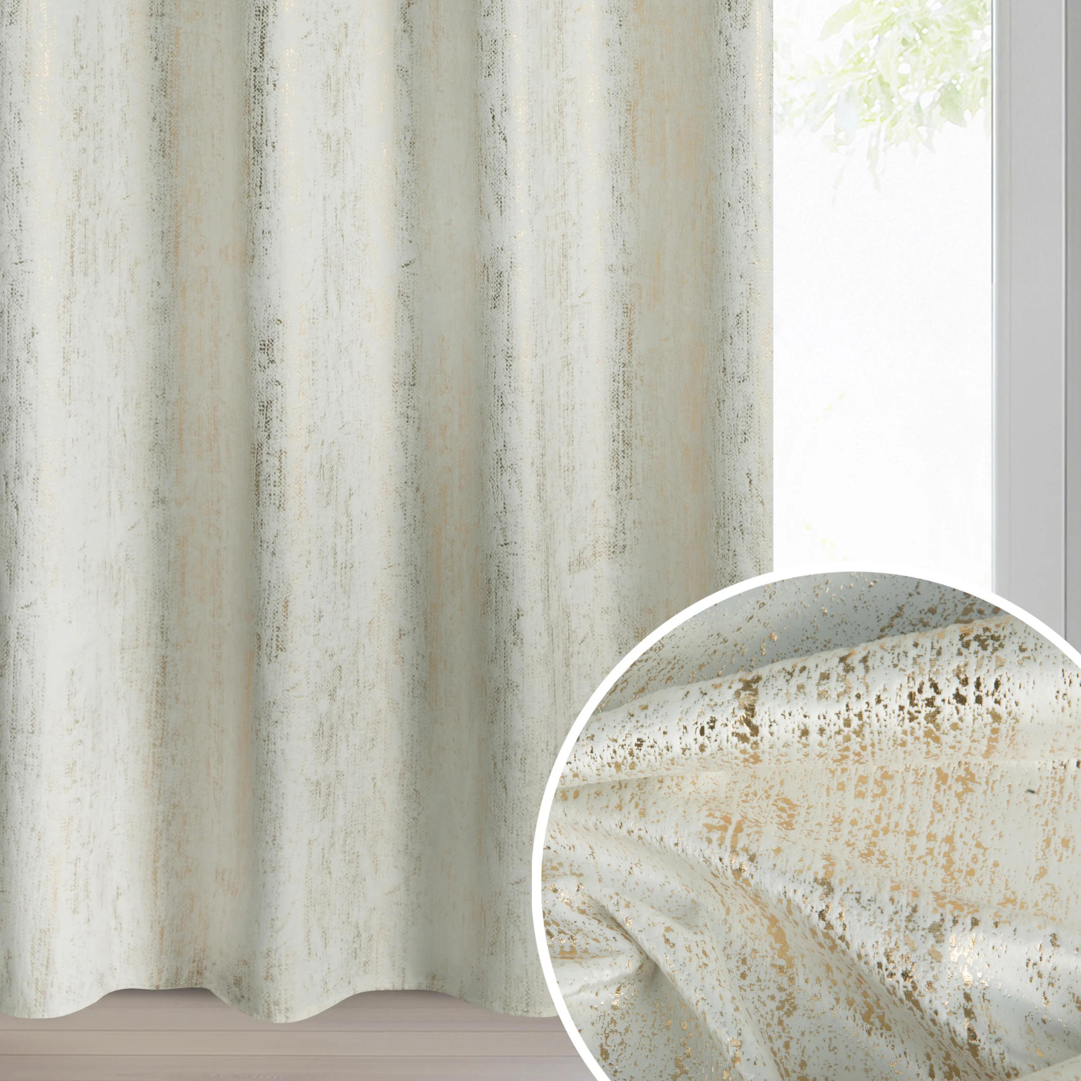 Zasłona kremowa welwetowa zdobiona złotym przecieranym wzorem złote przelotki - DARA | eurofirany