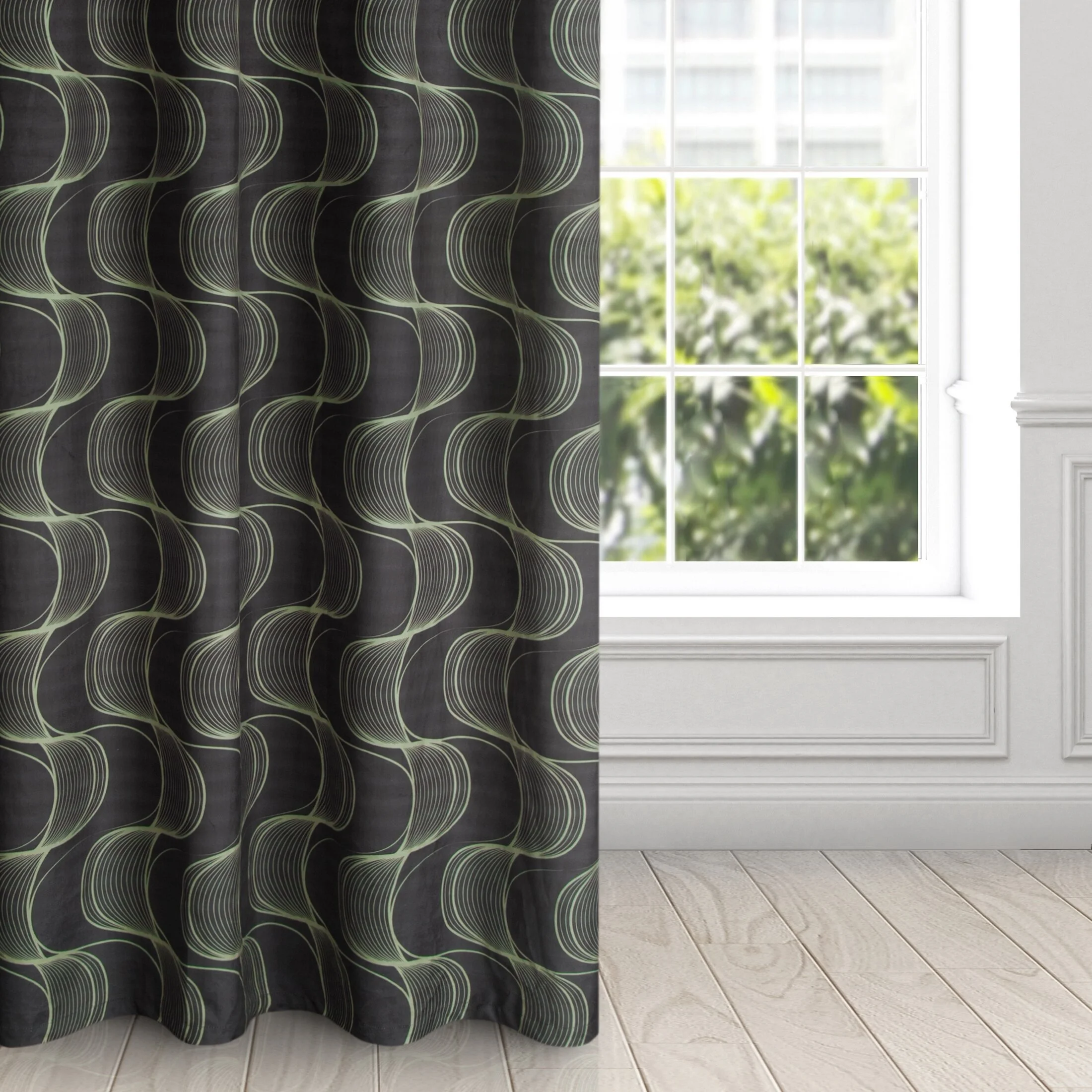 Zasłona czarno, zielona z wzorem pionowych fal, z welwetu 140x250 cm przelotka - POLA | eurofirany