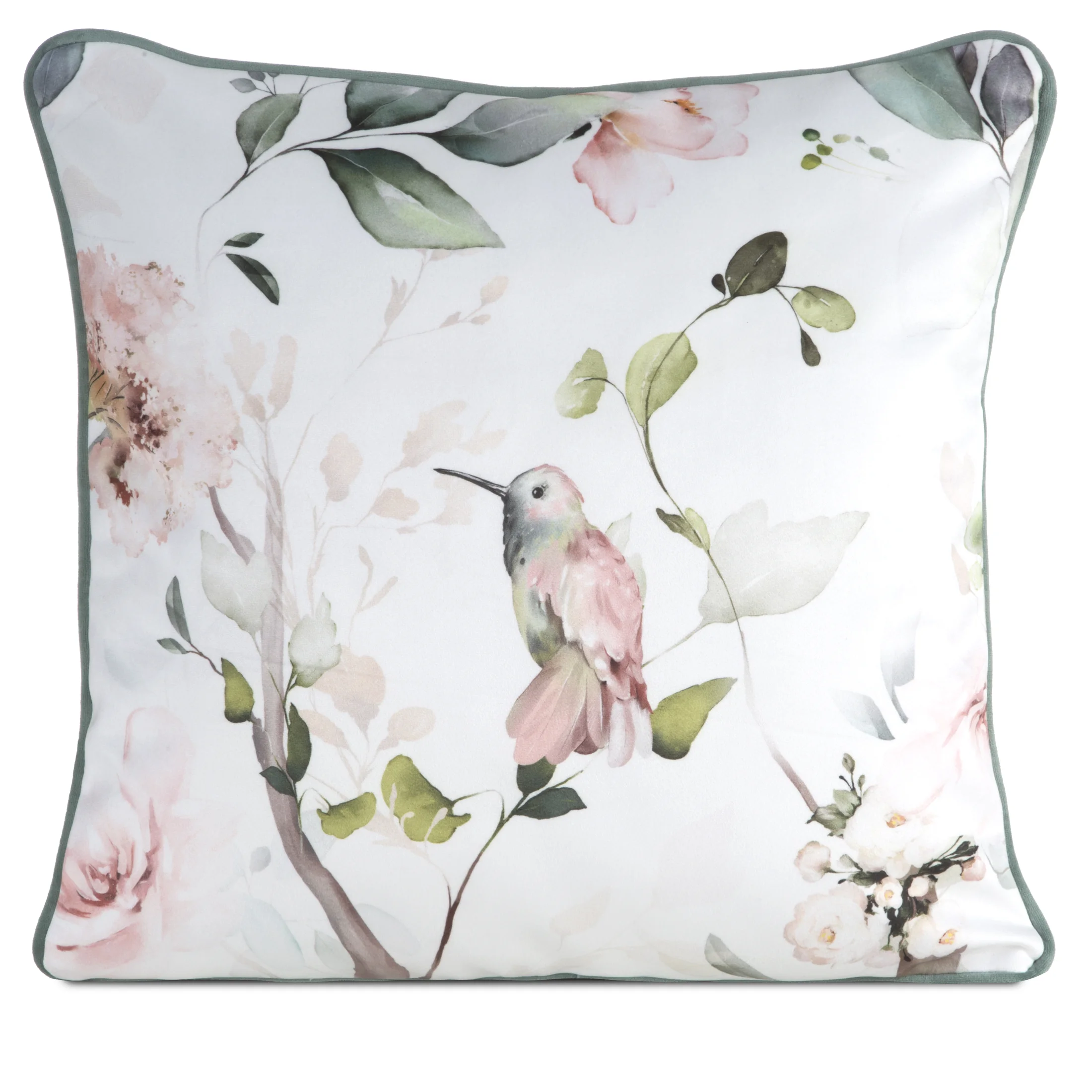 Poszewka na poduszkę dwustronna 45x45 cm welwetowa, biało zielona z motywem roślinnym z wypustką na brzegach INEZ Eurofirany Premium | eurofirany