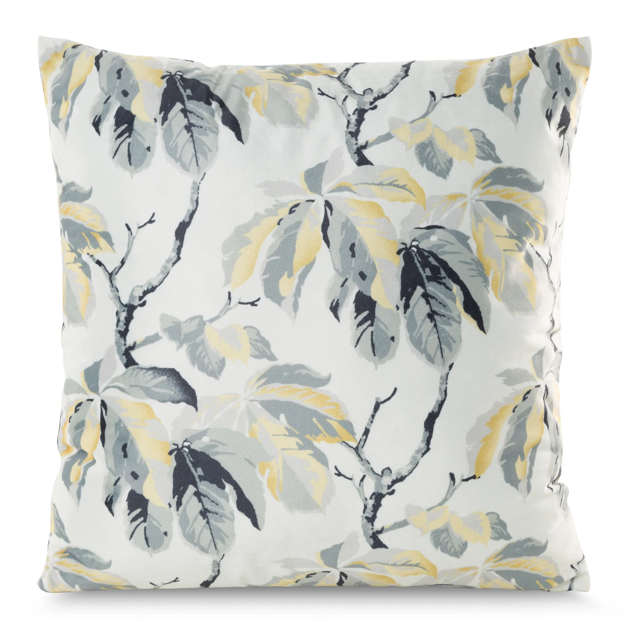 Poszewka na poduszkę 40x40 cm welwetowa kolor biały, jasnoszary zdobiona nadrukiem liści kasztanowca Melisa | eurofirany