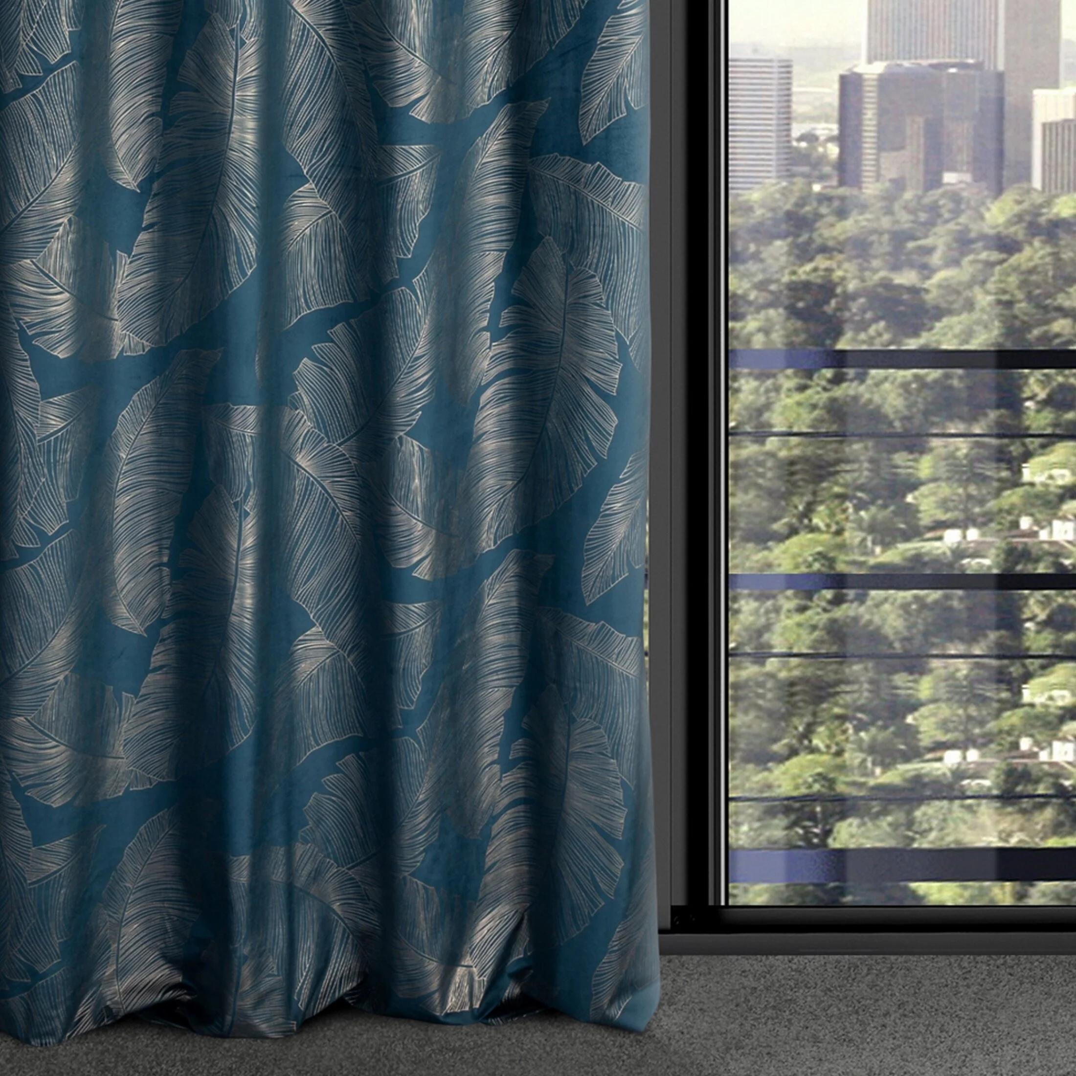 Zasłona granatowo, szampańska z wzorem liści z matowego welwetu 140x250 przelotka - MUSA 2 - Limited Collection | eurofirany