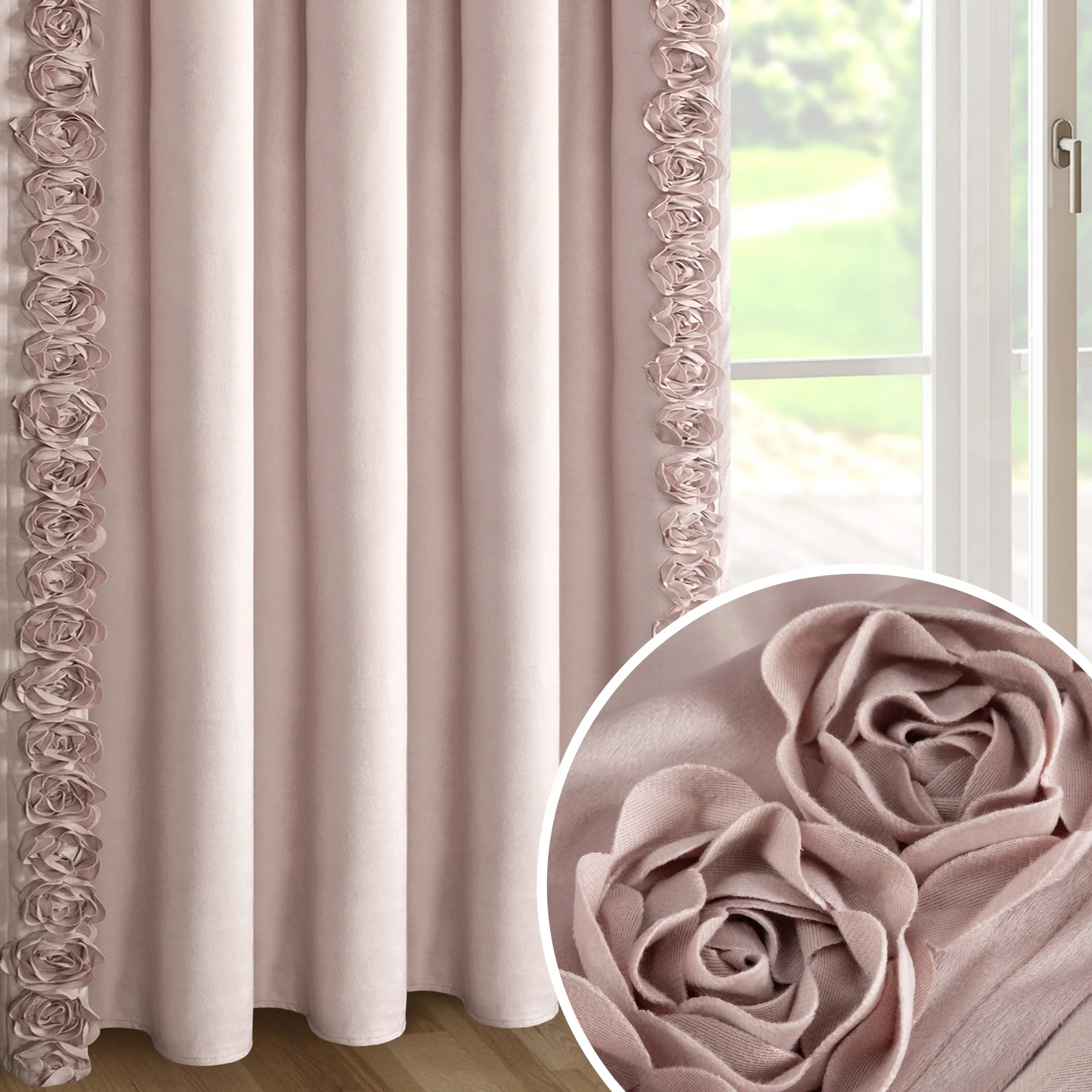 Zasłona pudrowa z welwetu zdobiona aplikacją 3D róż 140x270 cm taśma - ROSES Eva Minge | eurofirany