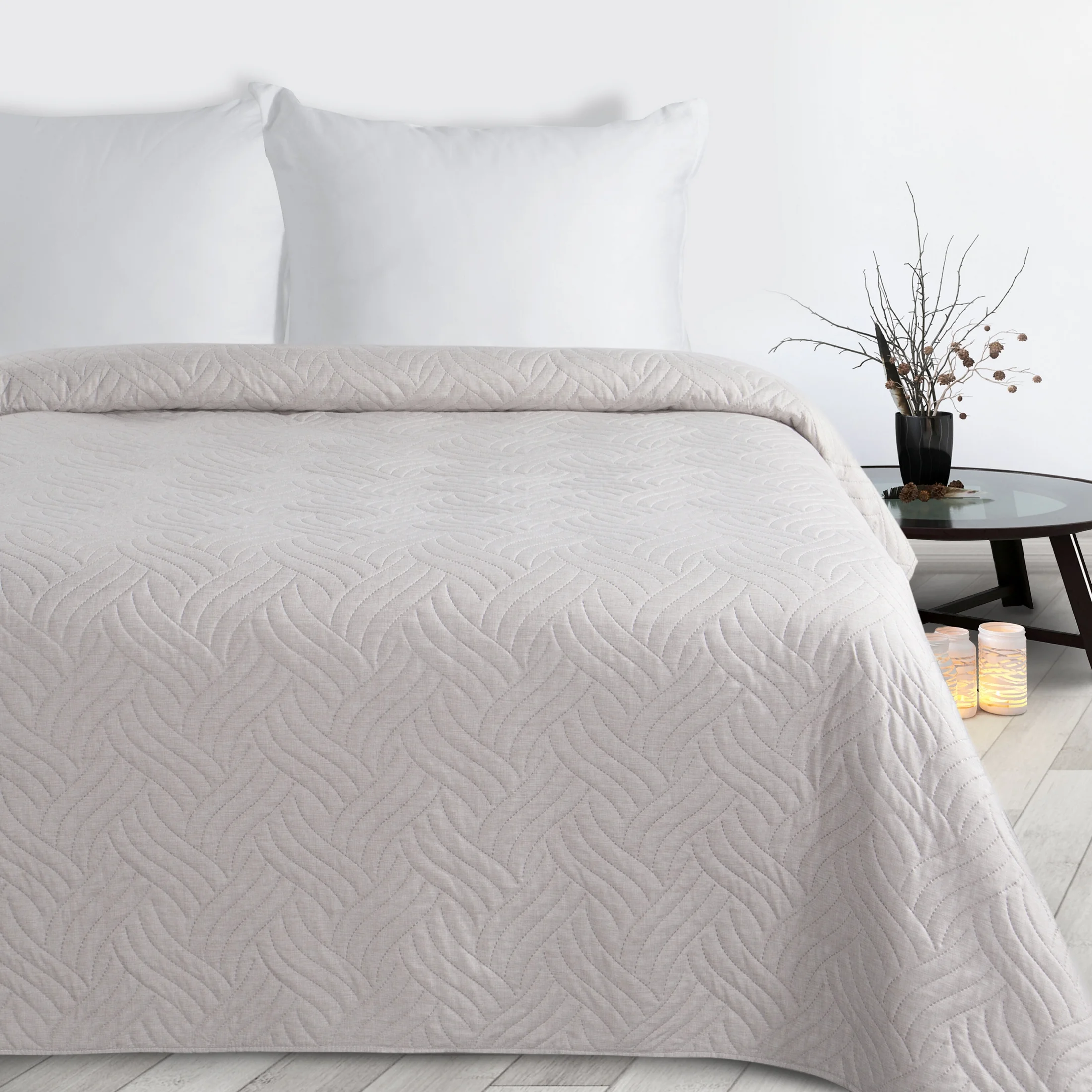 Narzuta imitująca len beżowa 220x240 cm pikowana metodą hot press w geometryczny wzór LEN Design 91 | eurofirany