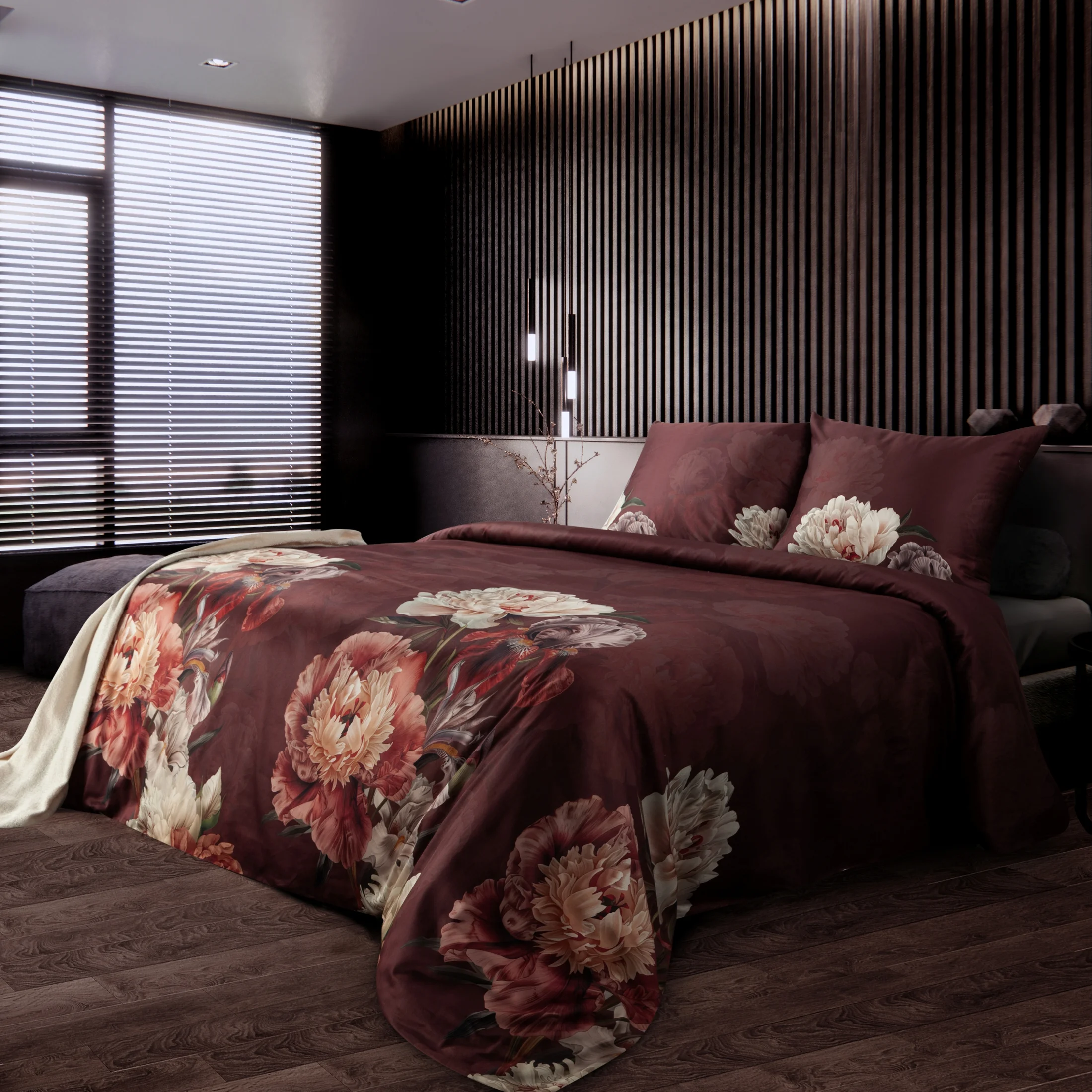 Pościel 160x200 cm z makosatyny bawełnianej kolor bordowy, beżowy z motywem kwiatów REINA 47 - kolekcja AMAROSA | eurofirany