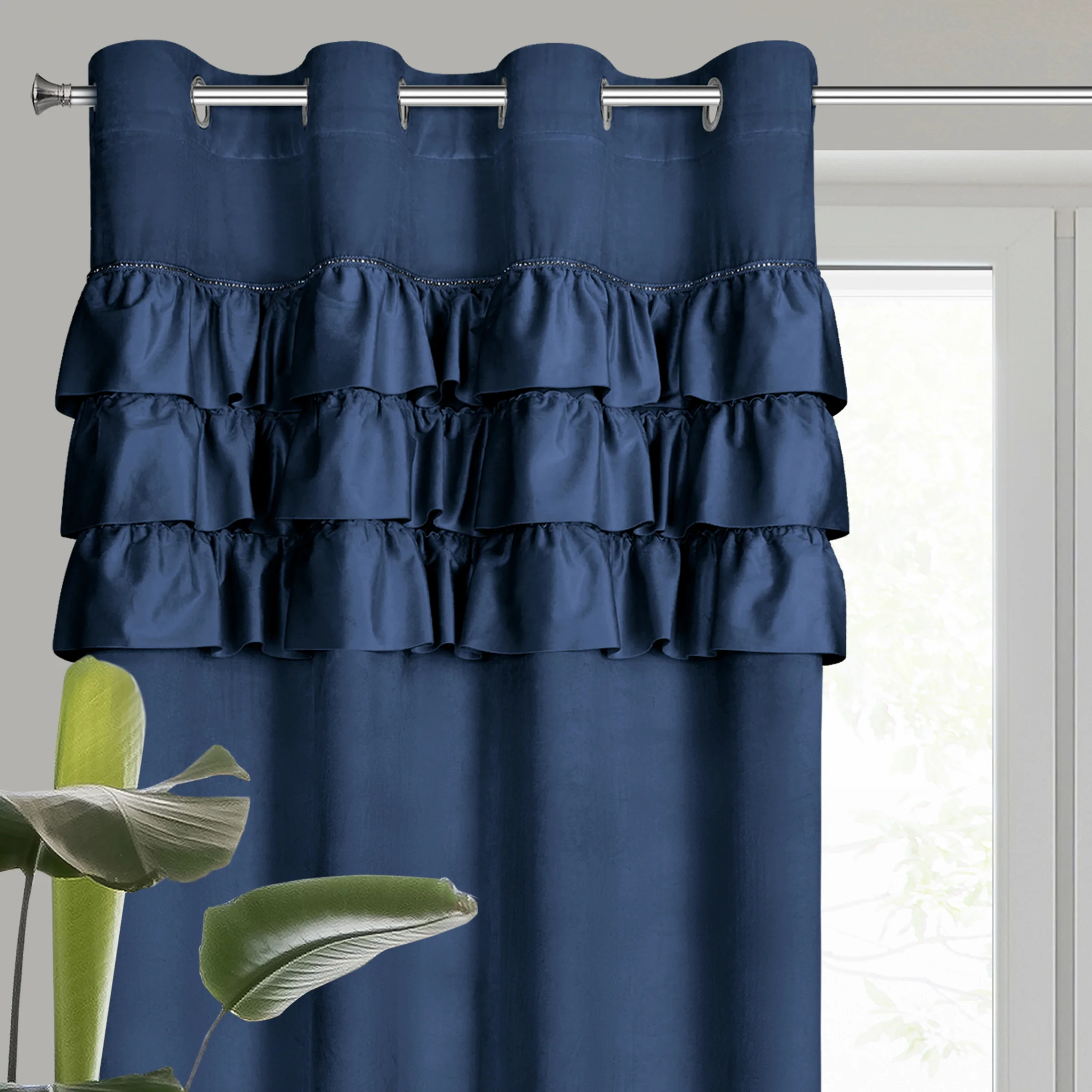 Zasłona welwetowa granatowa zdobiona falbanami 140x250 cm przelotka - SAMI