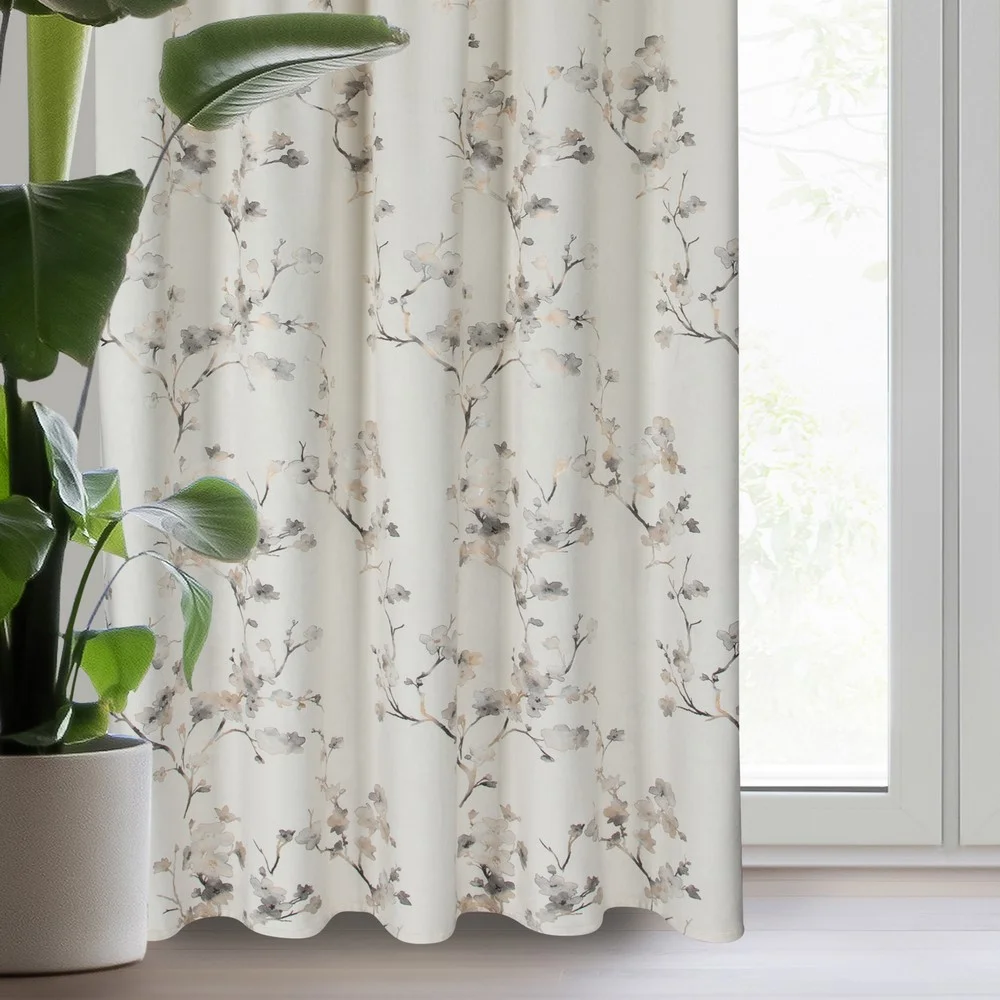 Zasłona welwetowa kremowo, szampańska z nadrukiem kwiatu jabłoni 140x270 cm taśma - SELENA | eurofirany