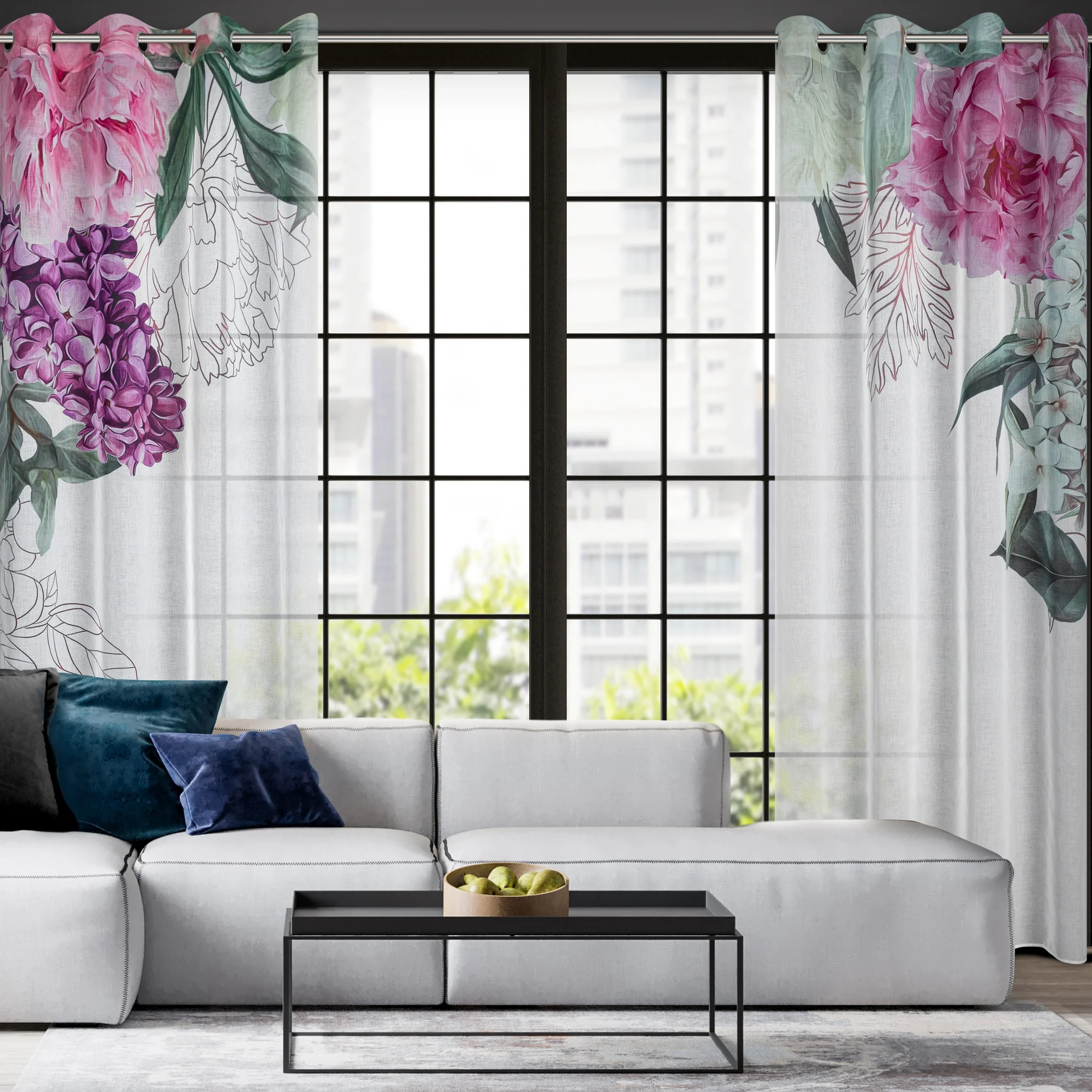 Komplet zasłon 2 szt biało, różowe z lekkiej etaminy z motywem letnich kwiatów 140x260 cm przelotka ISA | eurofirany