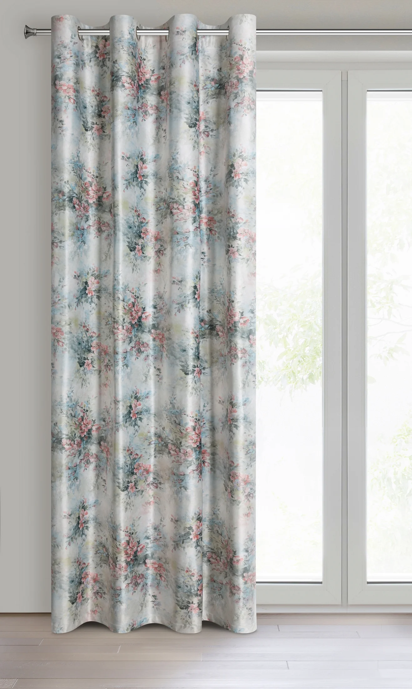 Zasłona welwetowa kremowo, różowa w kwiaty 140x270 cm przelotka - MARISA