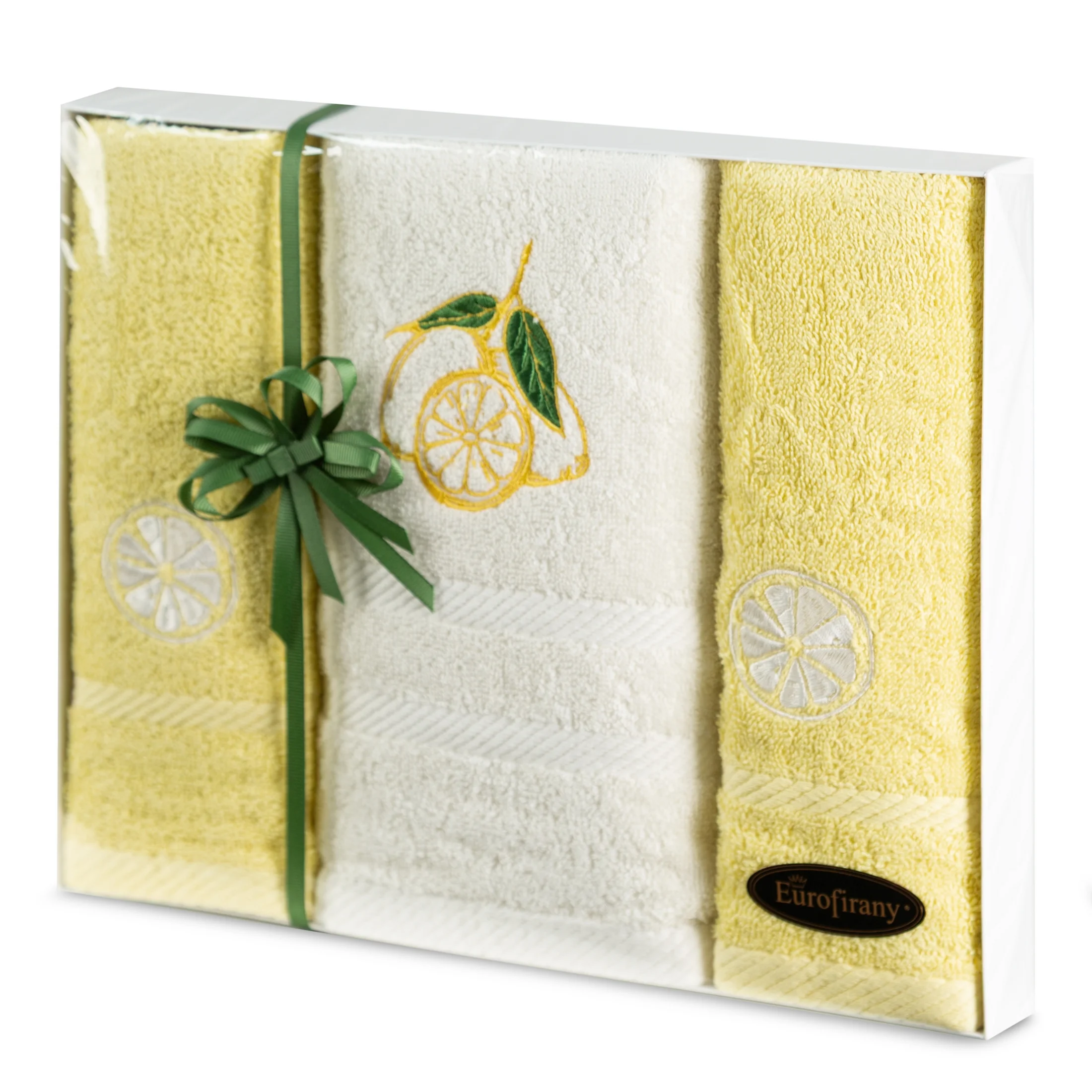 Zestaw ręczników bawełnianych na prezent 2 szt 30x50 cm, 1 szt 50x90 cm kolor żółty, beżowy z uroczym haftem cytryn