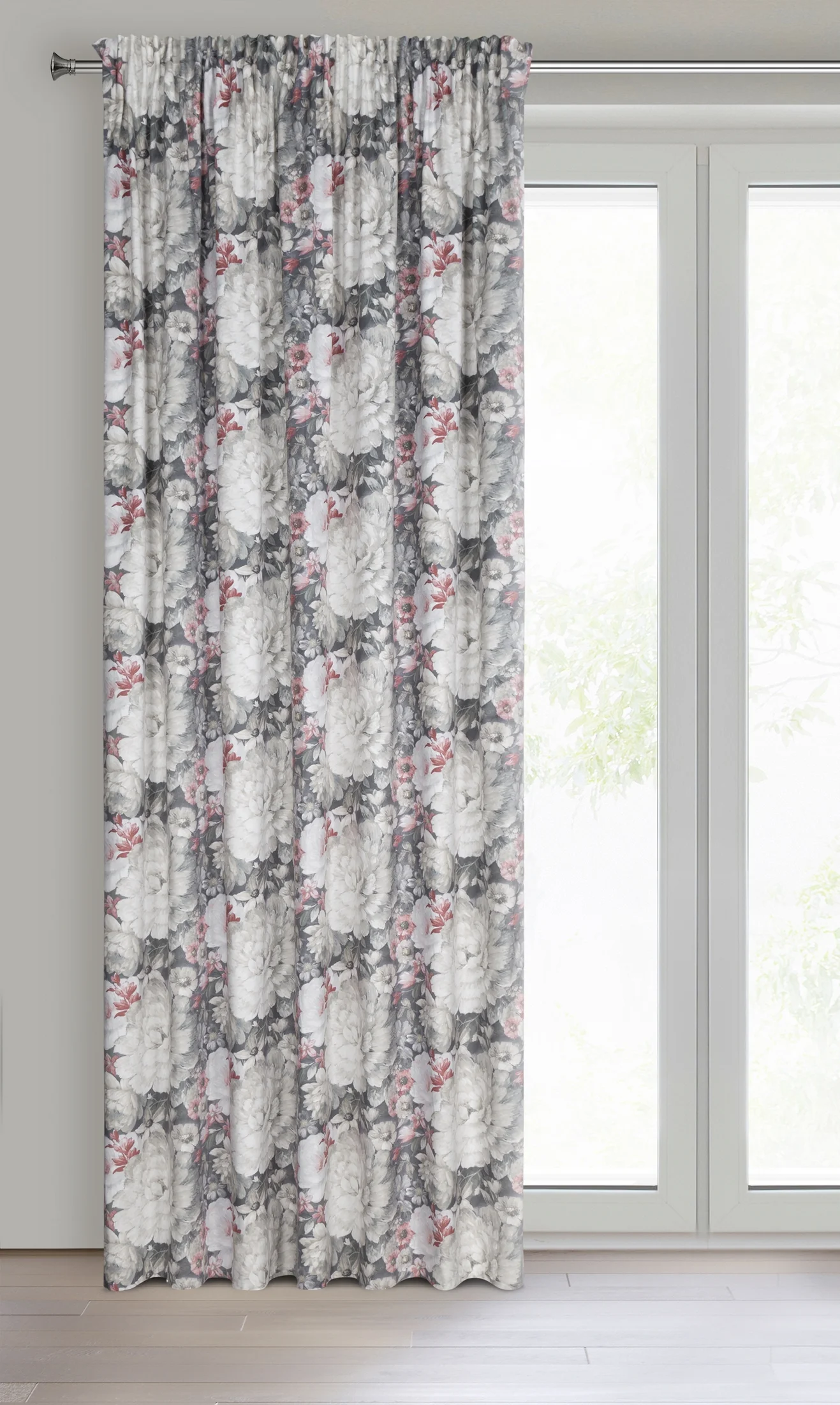 Zasłona welwetowa kremowo, ciemnoróżowa zdobiona nadrukiem kwiatów 140x270 cm taśma - LUCIA