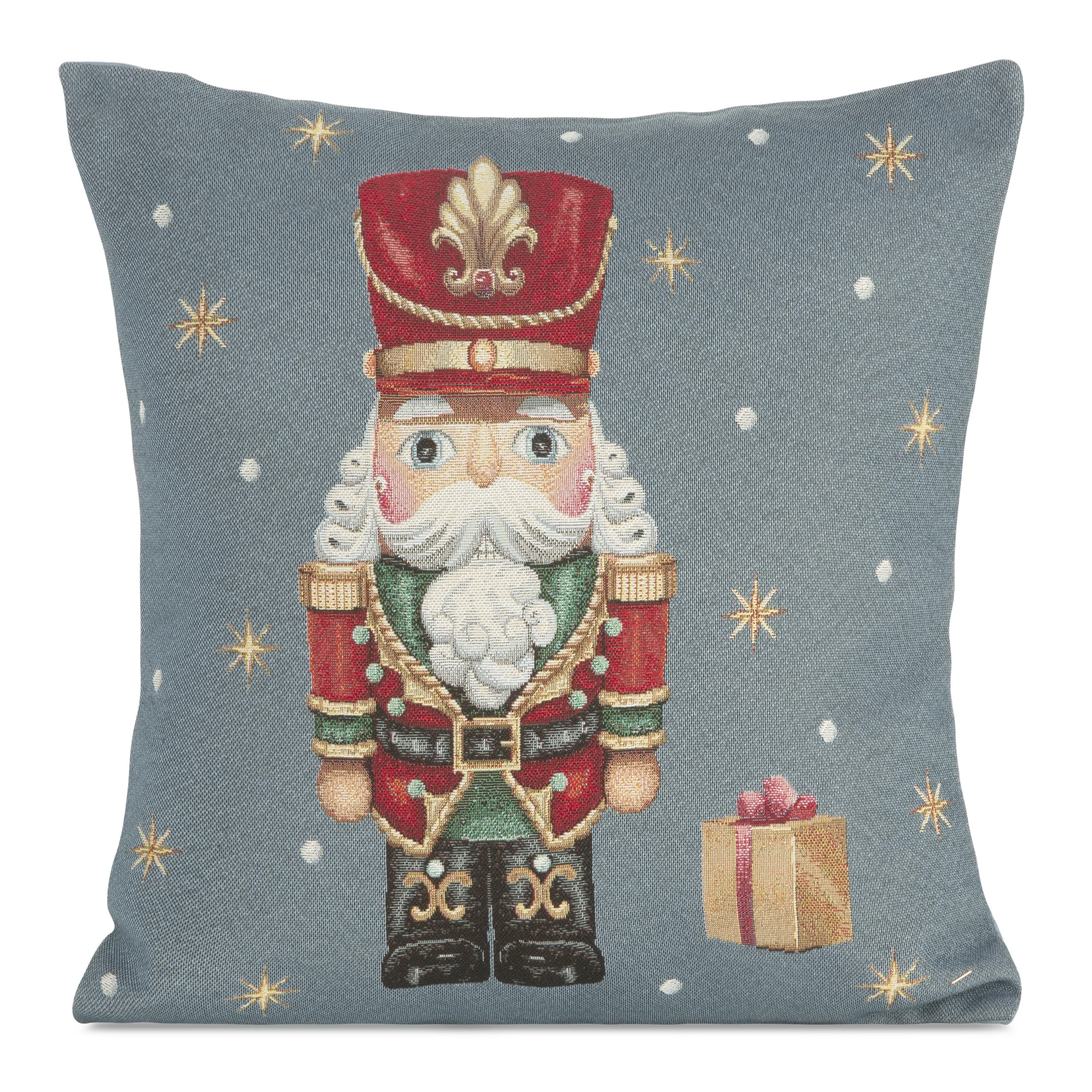 Poszewka na poduszkę 45x45 cm bawełniana, gobelinowa popielato czerwona zdobiona wzorem dziadka do orzechów GOB | 