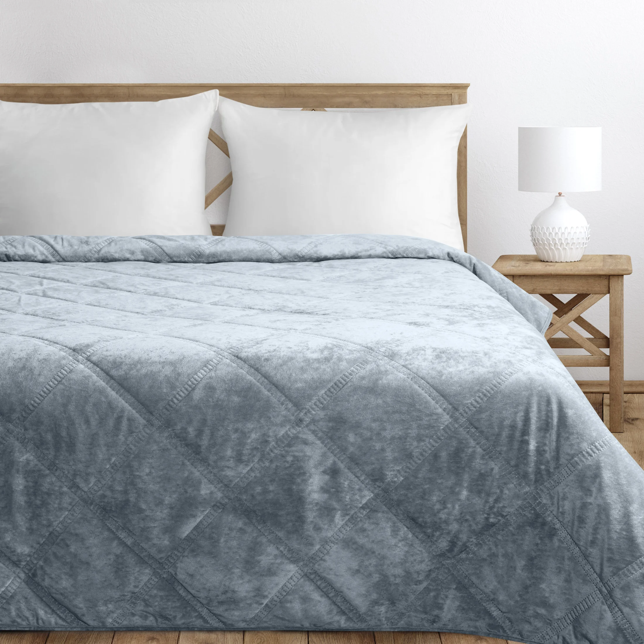 Narzuta welwetowa srebrna 170x210 cm zdobiona pikowaniem hot press w romby | eurofirany