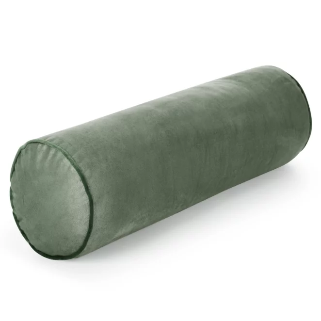 Poduszka dekoracyjna wałek 15 x 45 cm welwetowa oliwkowa zdobiony kontrastującą lamówką GAJA