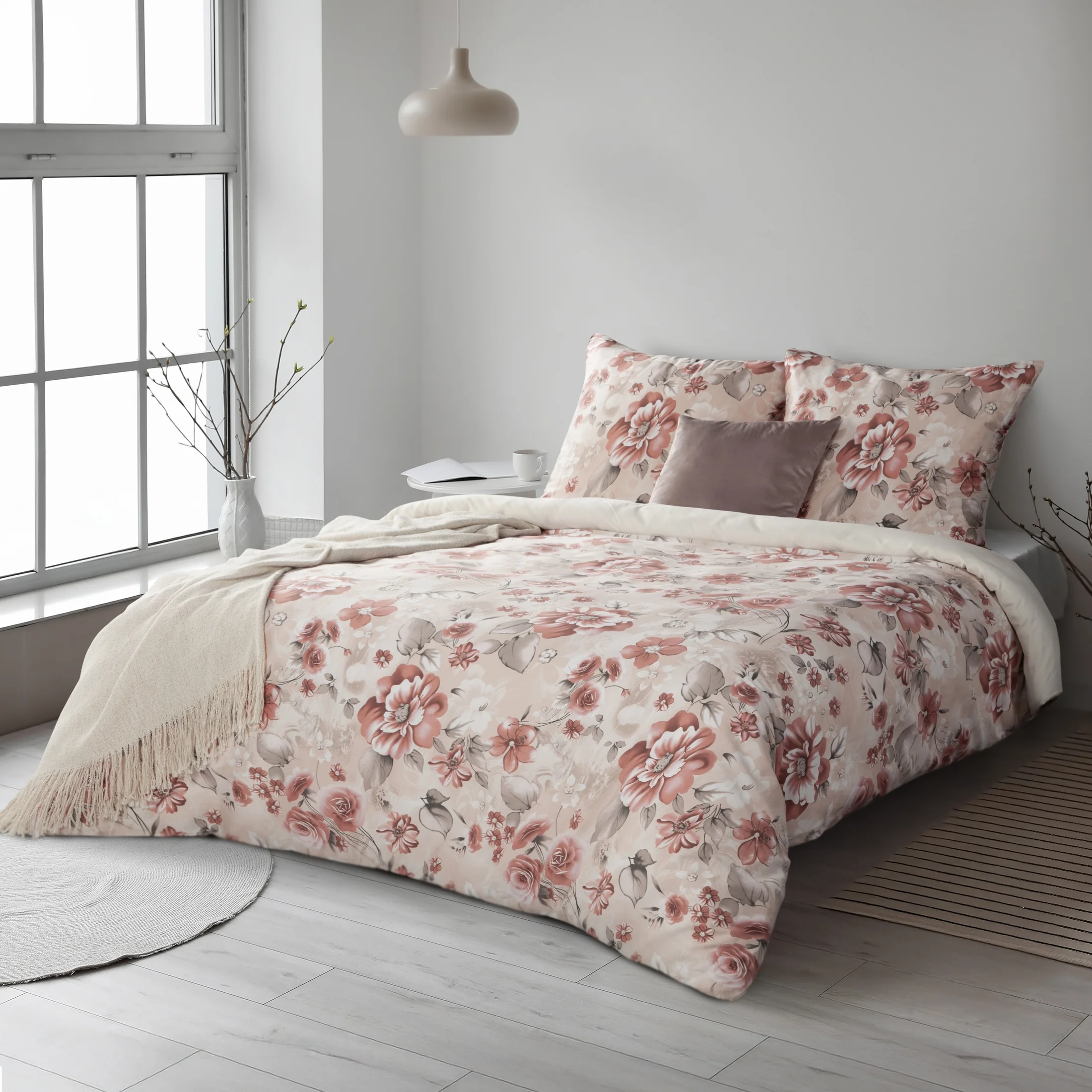 Pościel 220x200 cm bawełniana kolor beżowy, pudrowy z wzorem kwiatowym styl romantyczny SPRING 42 | eurofirany