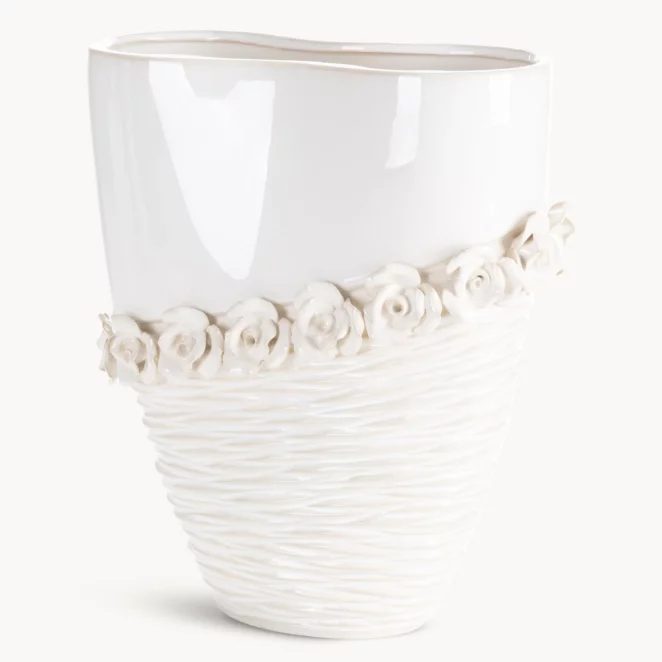 Wazon dekoracyjny kremowy zdobiony kwiatami 3D 27x13x32 cm ELIANA