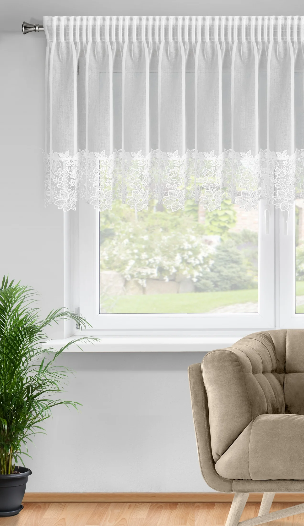 Firana biała z etaminy zdobiona ażurową koronką 200x70 cm, taśma - ARTEMIDA