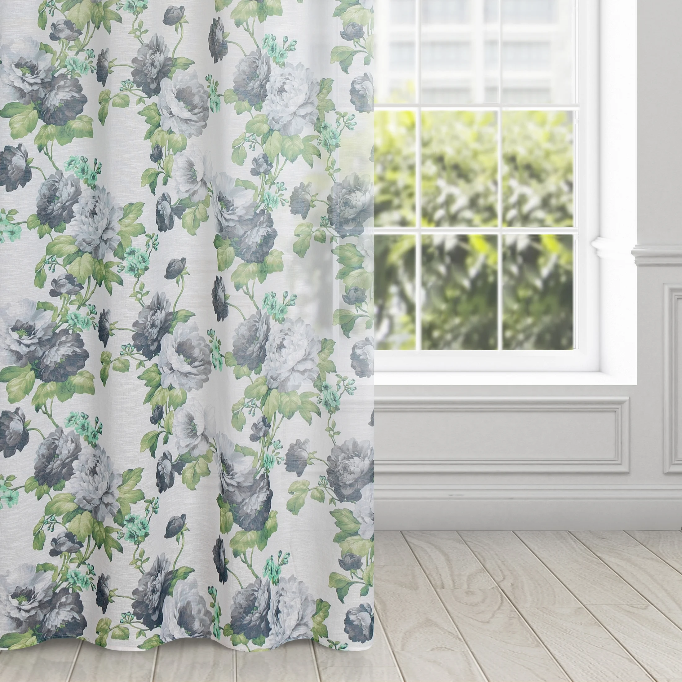 Zasłona biało, zielona ze wzorem kwiatowym z etaminy 140x250 cm przelotka - MONA | eurofirany