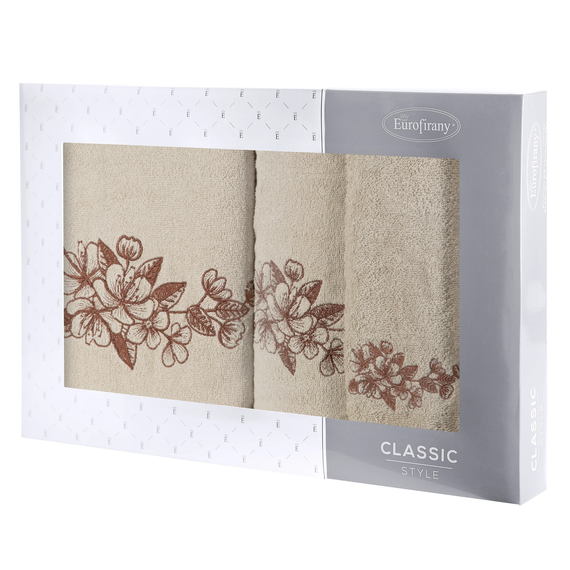 Zestaw ręczników bawełnianych na prezent 3 szt kolor beżowy,brązowy z haftowanym motywem kwiatu wiśni 400 g/m2 SOFIA