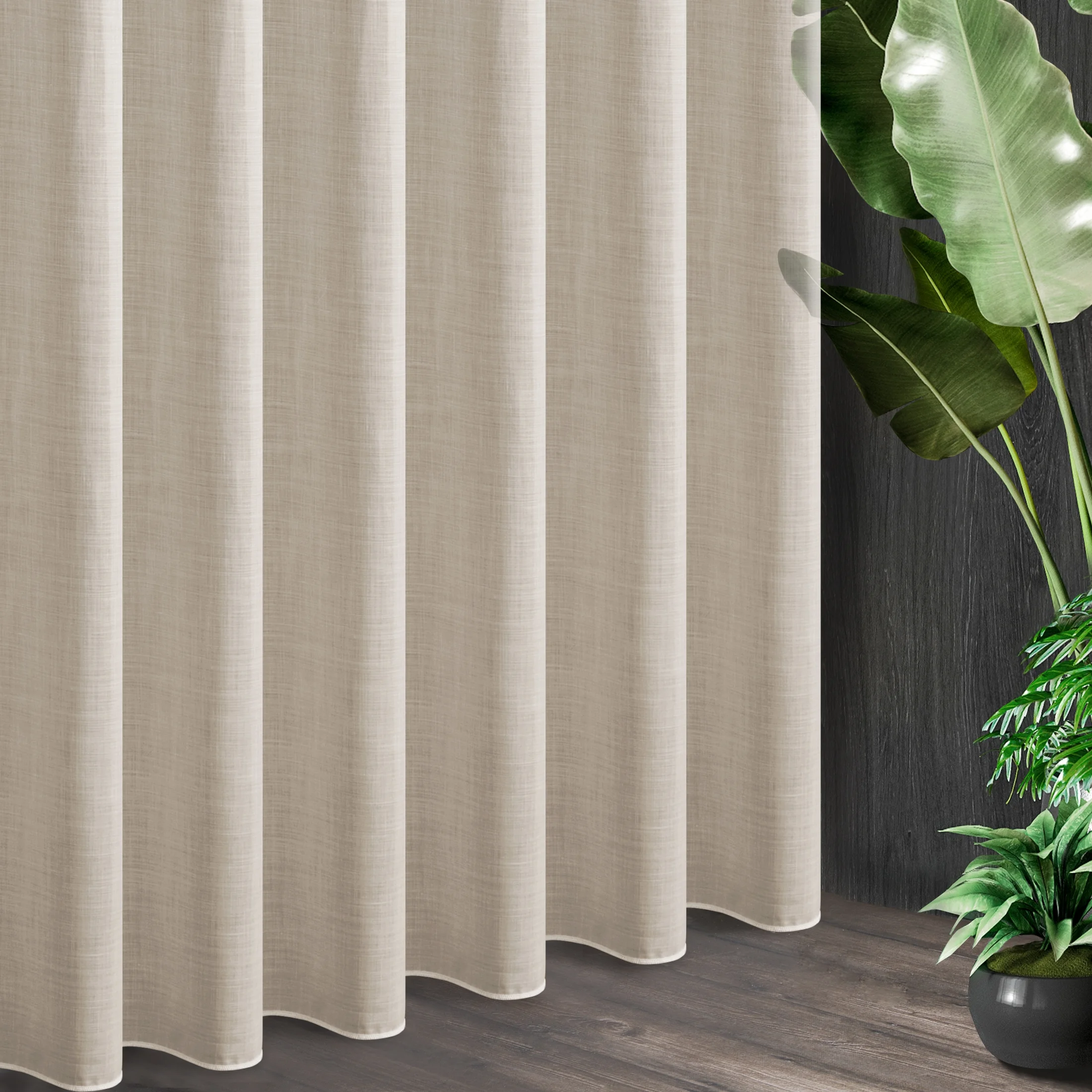 Tkanina firanowa, gładka etamina o gęstym splocie w stylu eko, wykończona obciążnikiem