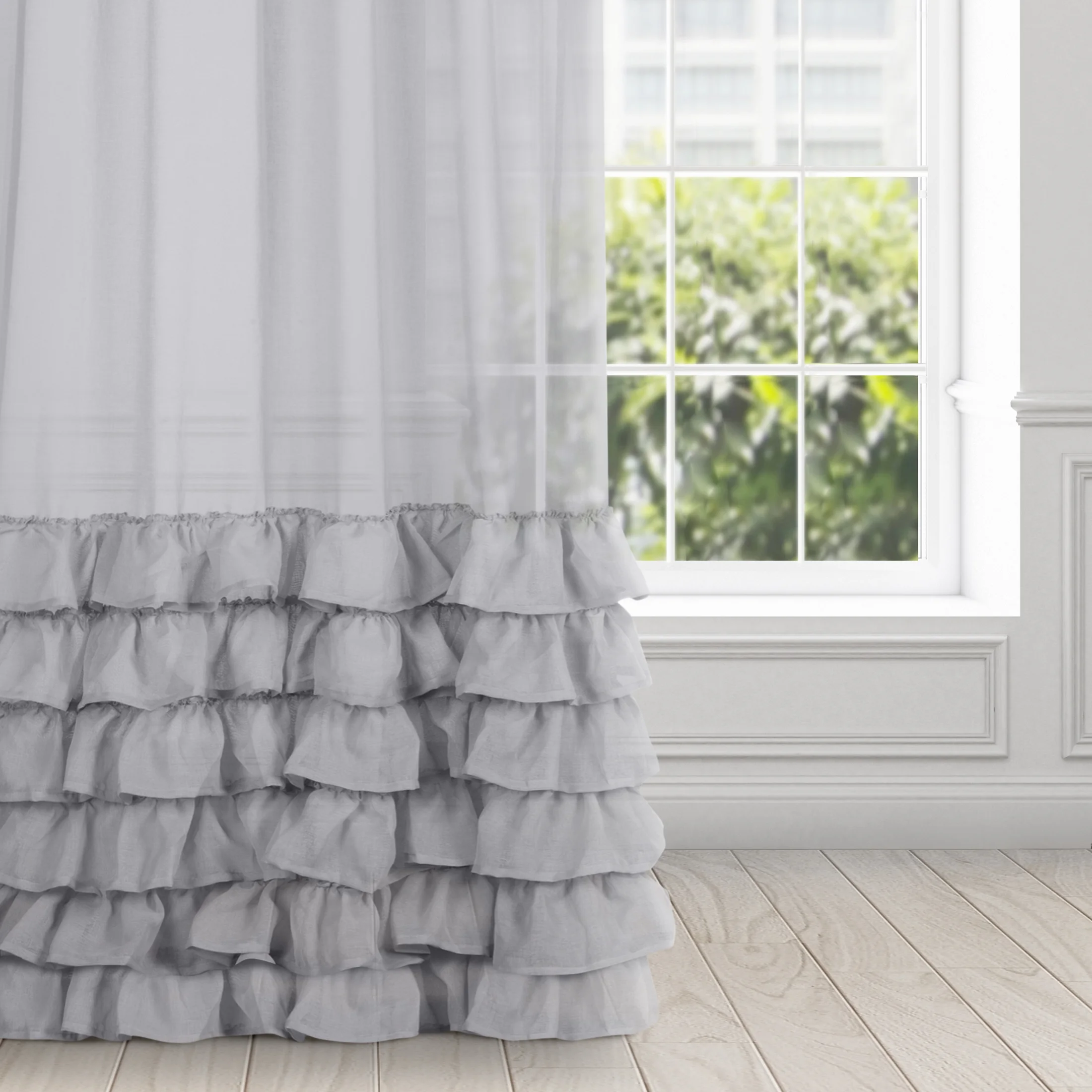 Firana stalowa z etaminy z falbanami 140x250 cm taśma - DOLLY | eurofirany