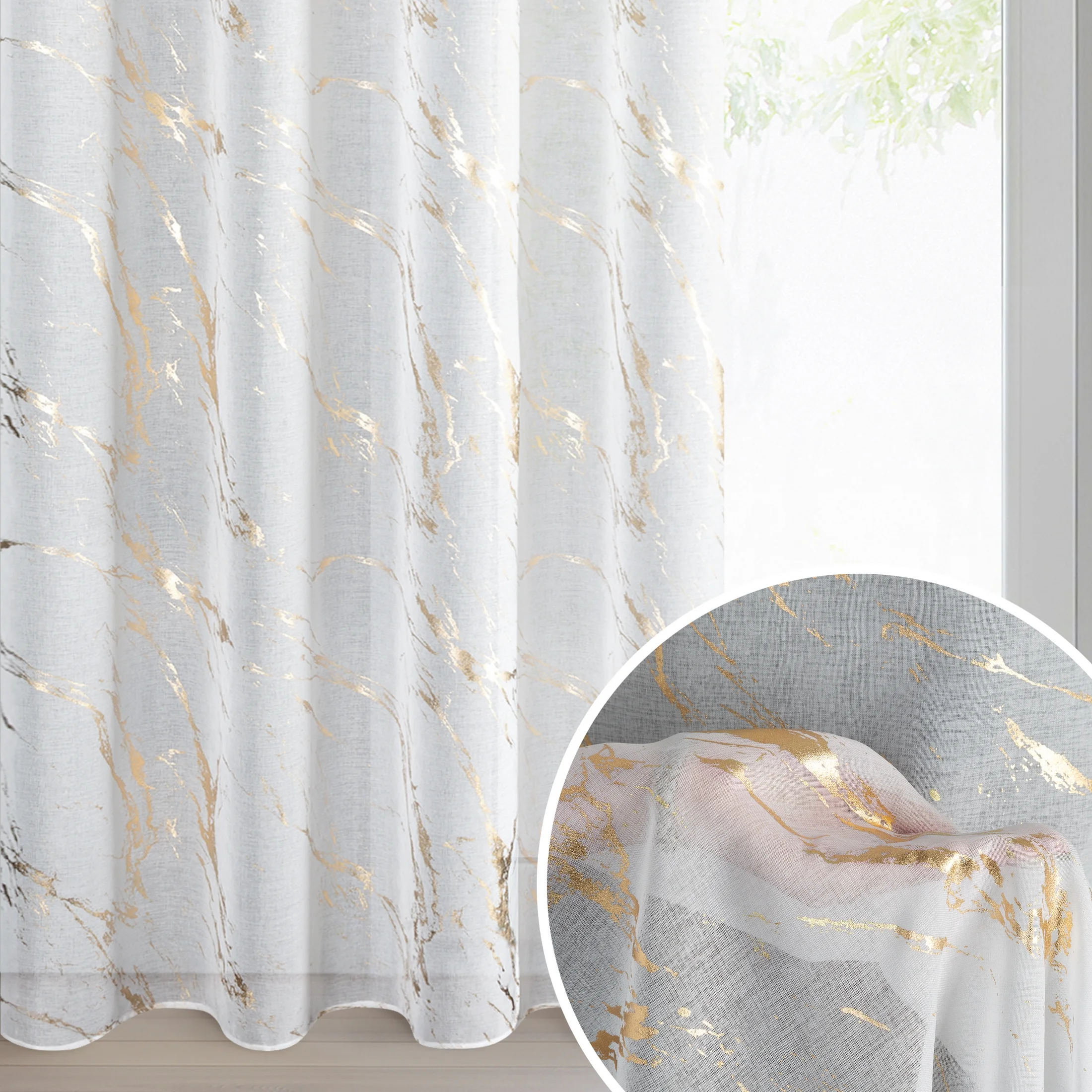 Firana biała zdobiona błyszczącym nadrukiem marmurku, 140x250 cm złota przelotka - MOLLY1 | eurofirany
