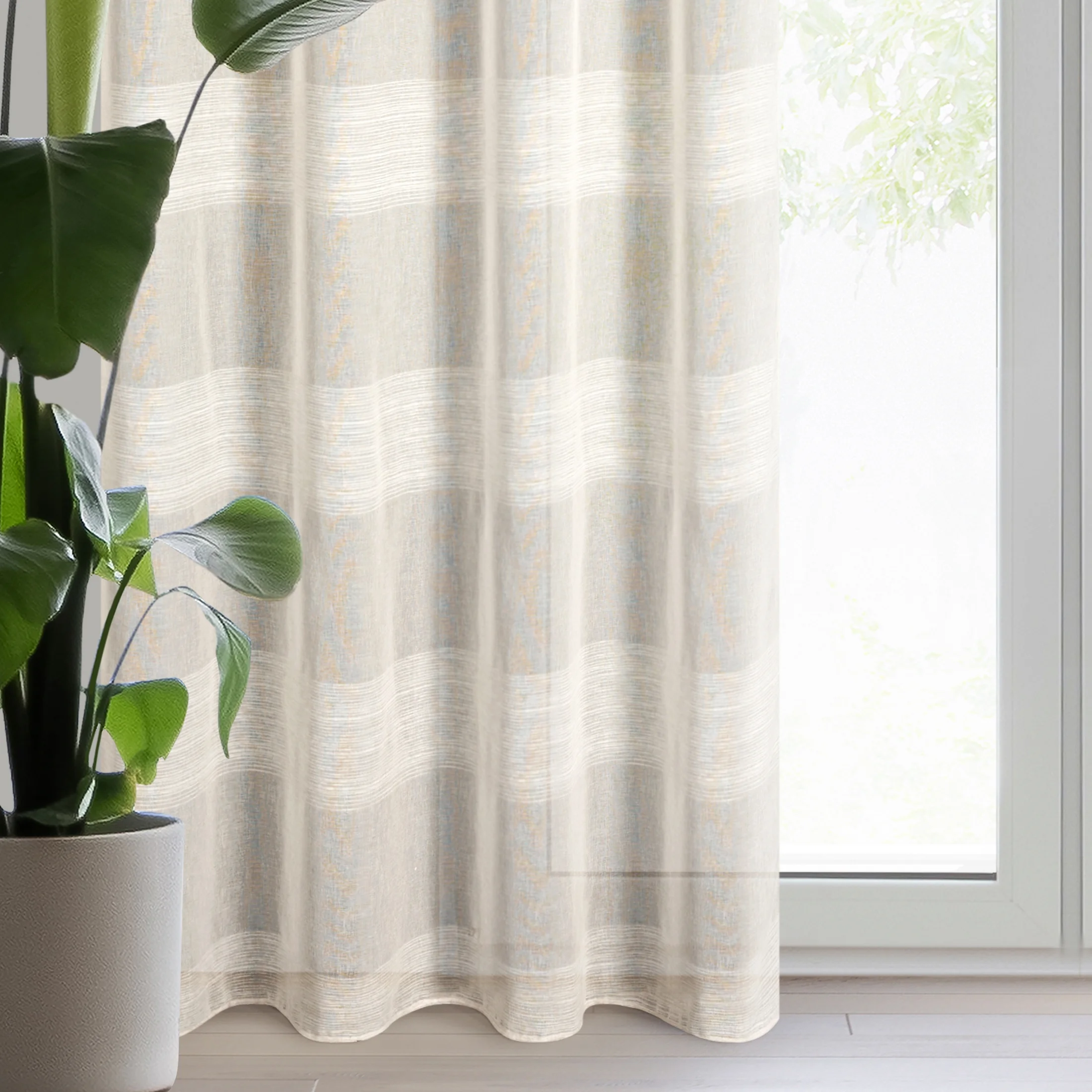 Firana beżowa zdobiona szenilowymi pasami 140x250 cm przelotka AGATA | eurofirany