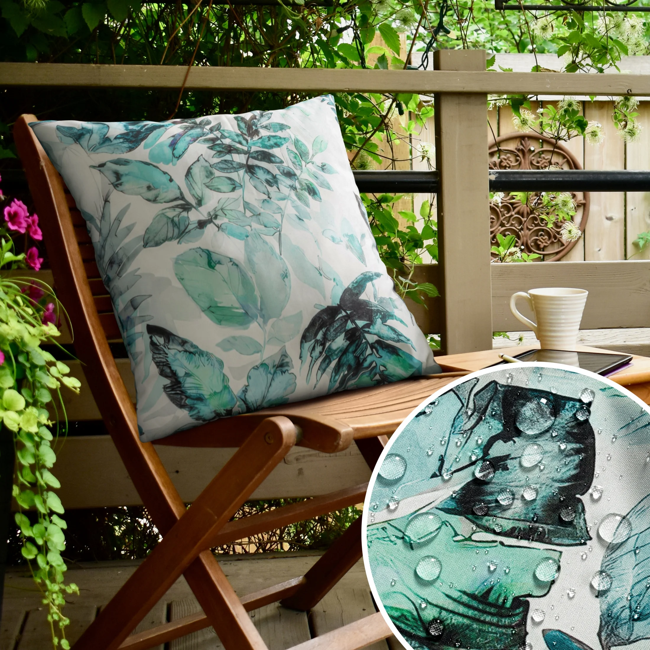 Poszewka na poduszkę 45x45 cm z tkaniny wodoodpornej biało, zielona idealna do ogrodu i na taras z motywem roślinnym GARDEN 2 |