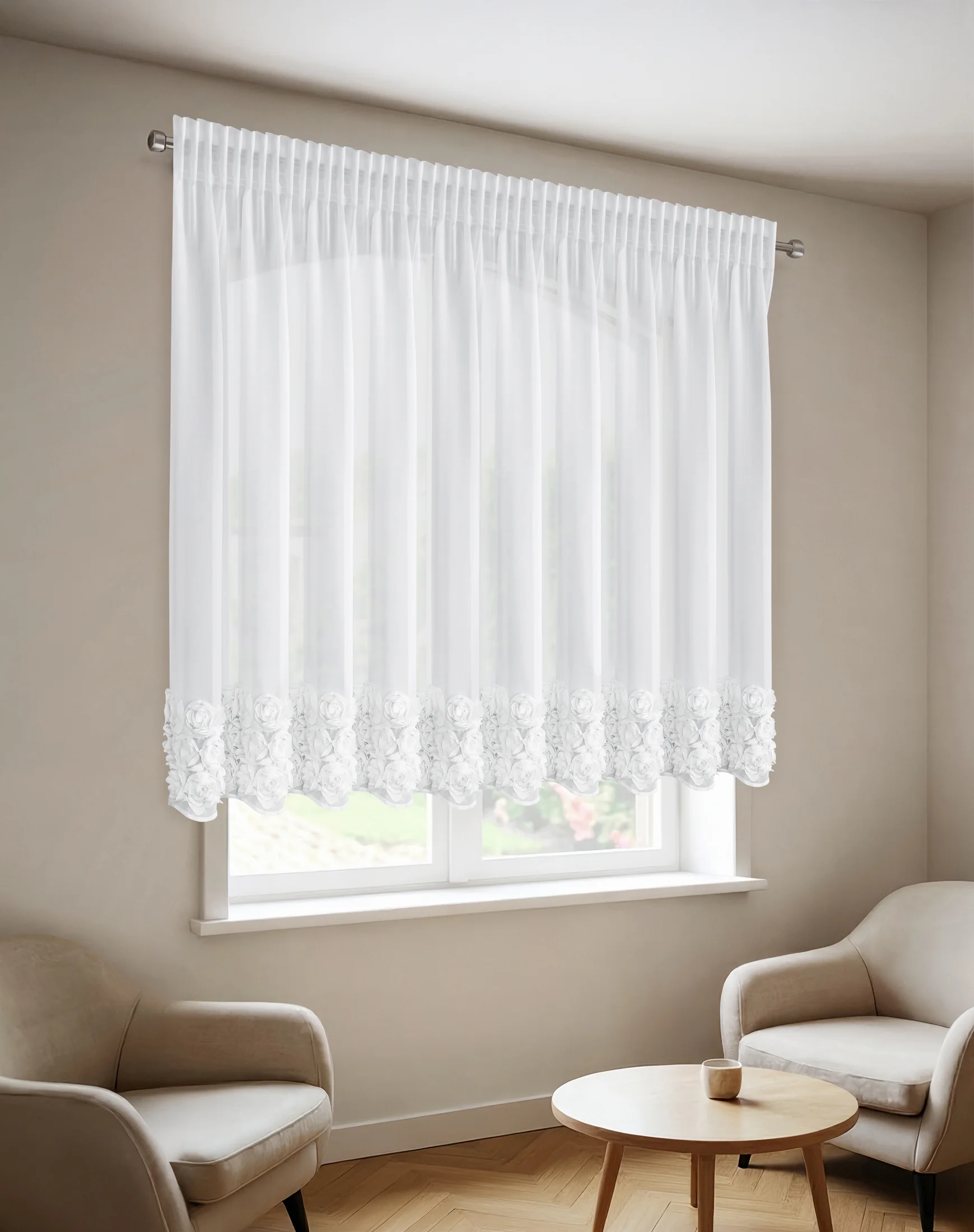 Firana biała z szyfonu zdobiona aplikacją 3D w róże 400x160 cm taśma - ROSES - Eva Minge