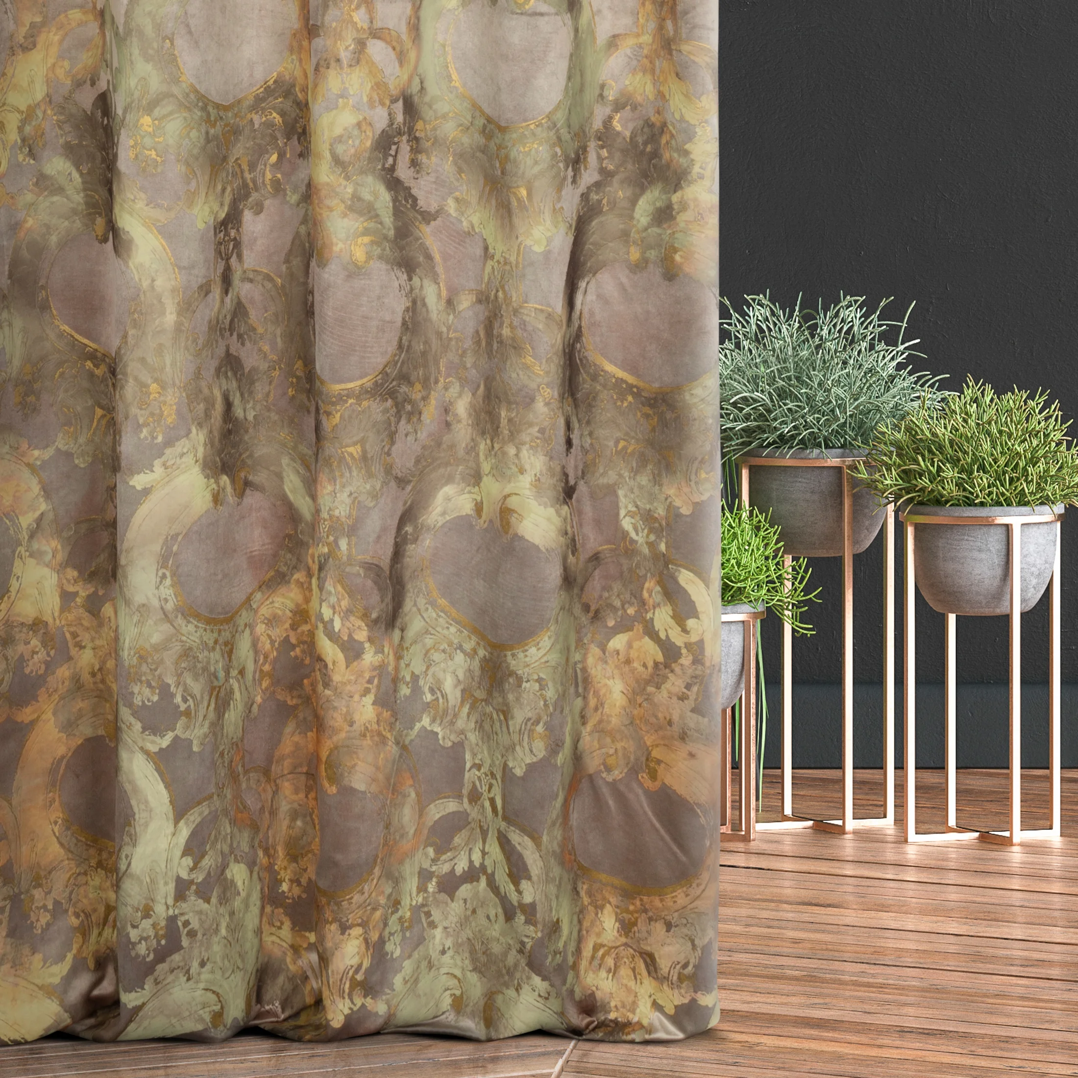 Tkanina zasłonowa gruba, welwetowa, z ozdobnym ornamentem, z połyskiem z kolekcji Eva Minge