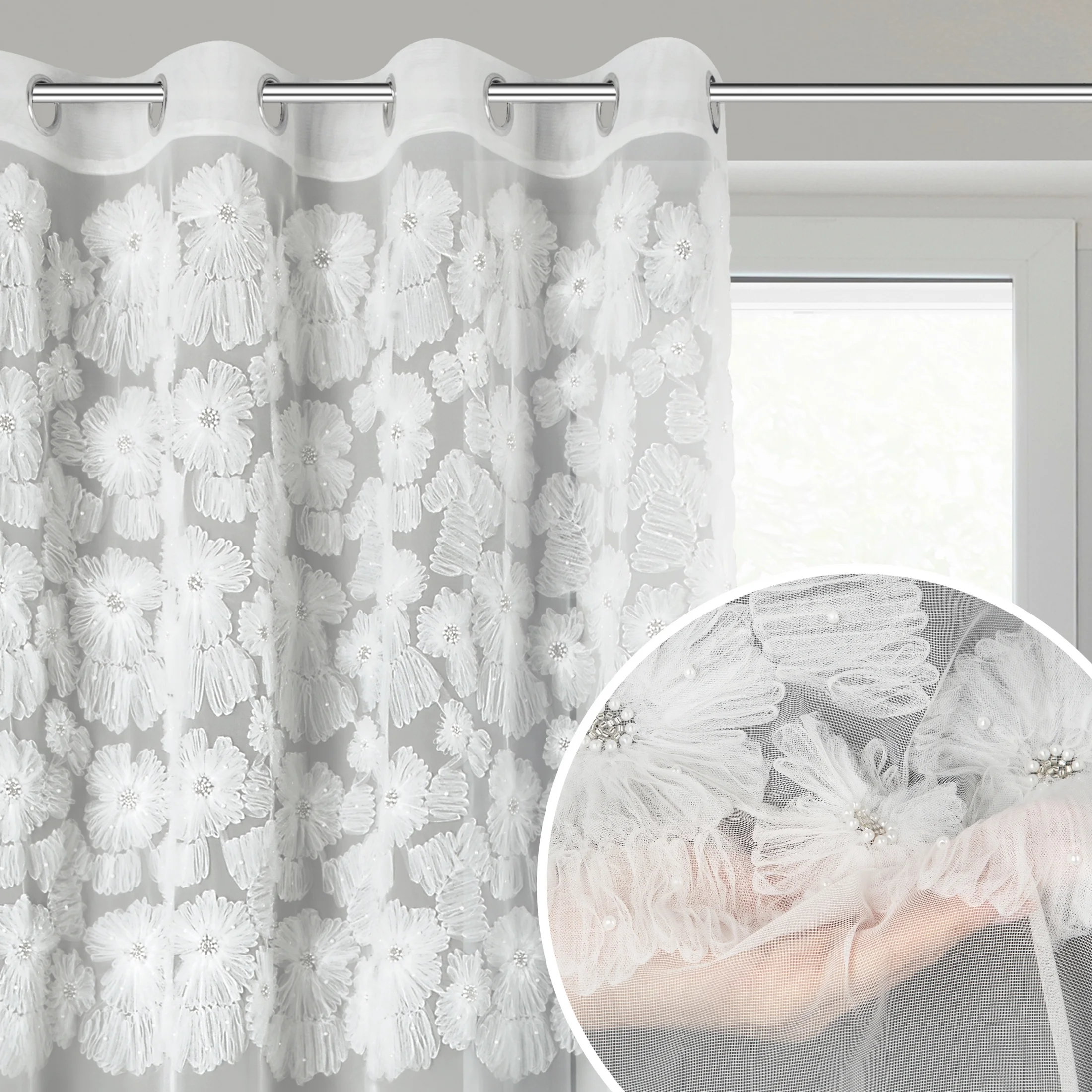 Firana biała z siateczki zdobiona kwiatami z dodatkiem drobnych perełek 3D 140x250 cm przelotka - JASMIN 3 Eva Minge | eurofirany