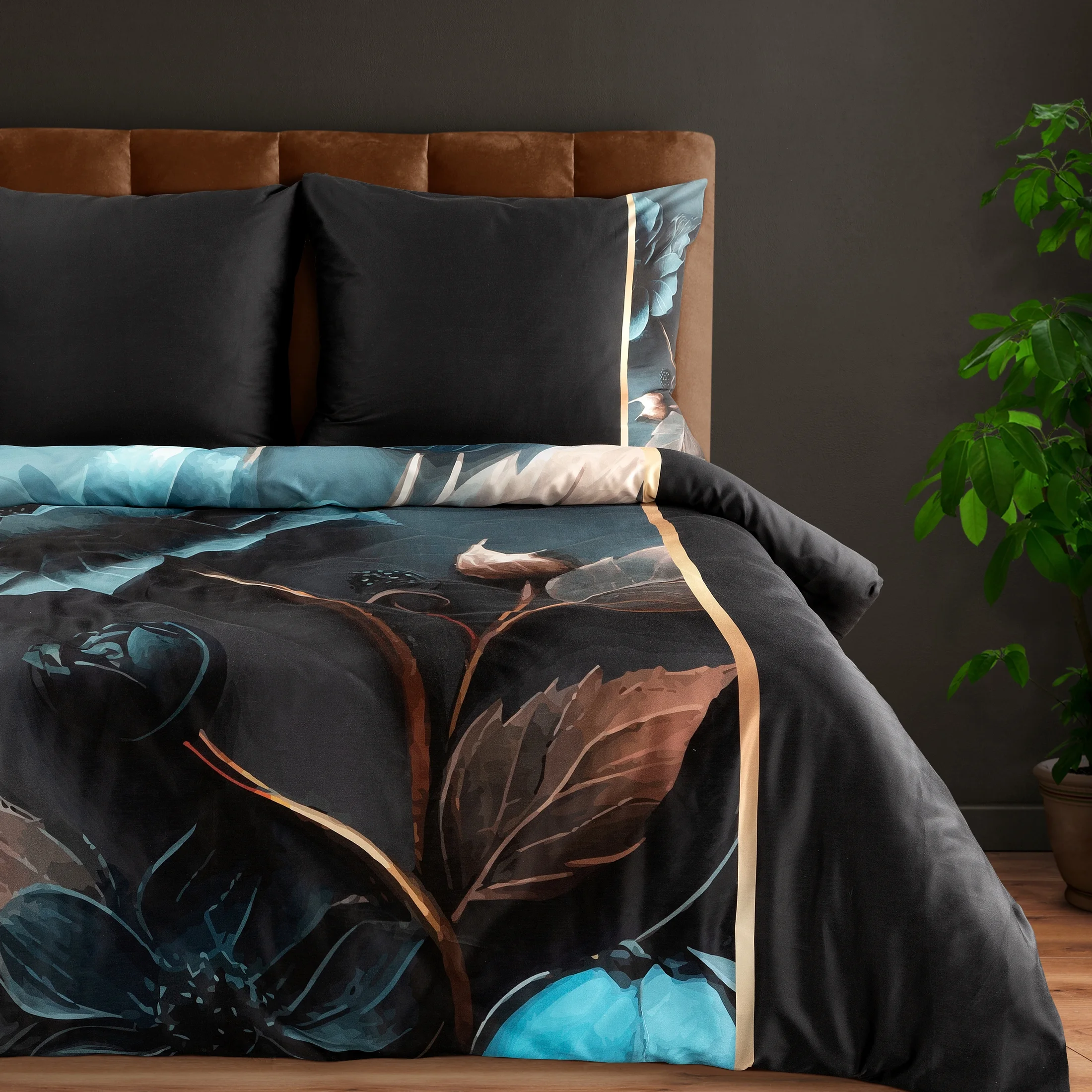 Pościel 160x200 cm z makosatyny bawełnianej kolor czarny, turkusowy z roślinnym wzorem Eva Minge | eurofirany