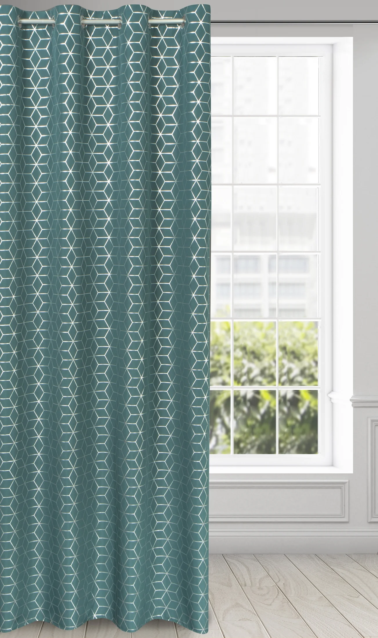 Zasłona ciemnoturkusowo, srebrna z geometrycznym wzorem 140x250 cm przelotka - CUBE