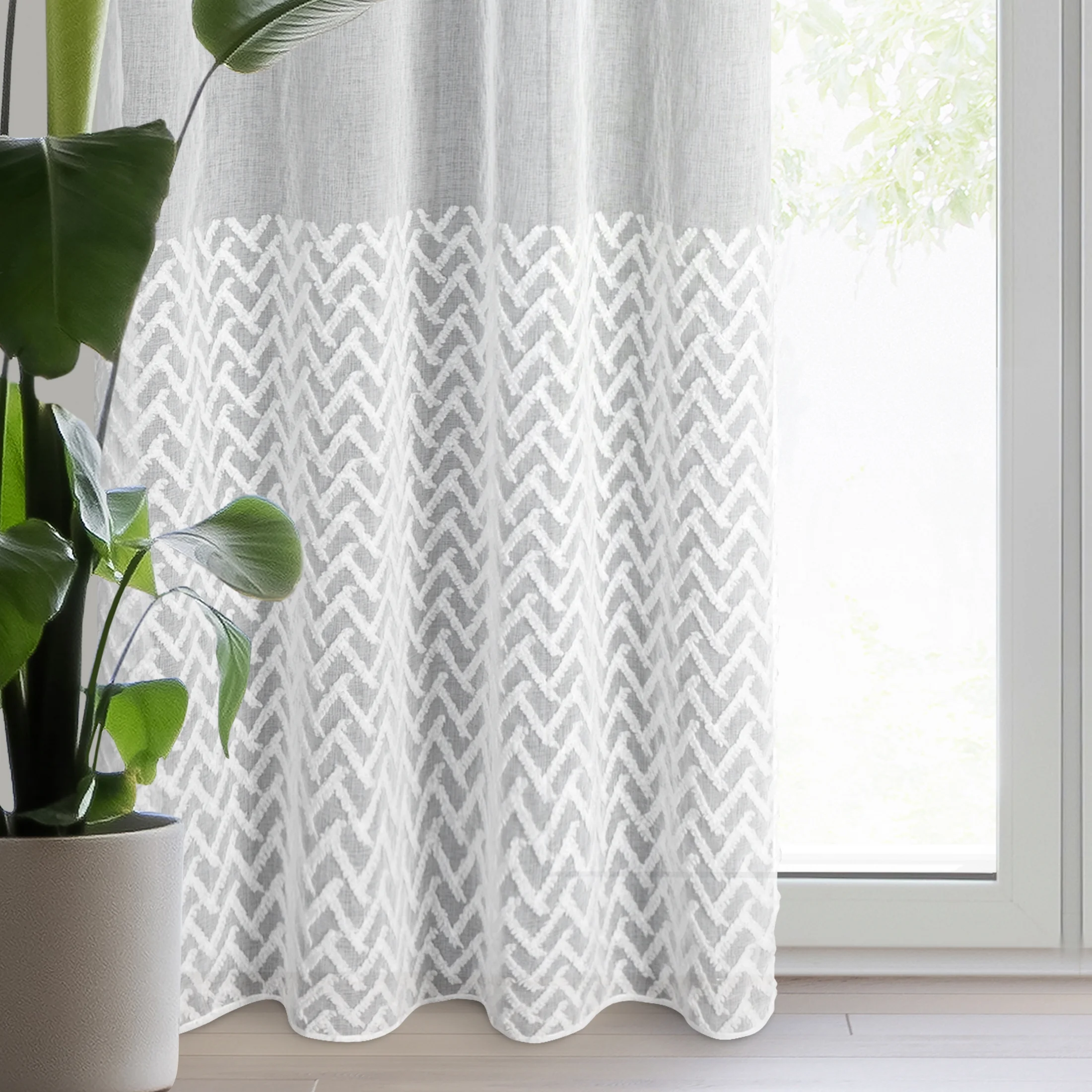 Firana biała z etaminy zdobiona pasem trójwymiarowego wzoru geometrycznego 140x250 cm przelotka MELI 2 | eurofirany