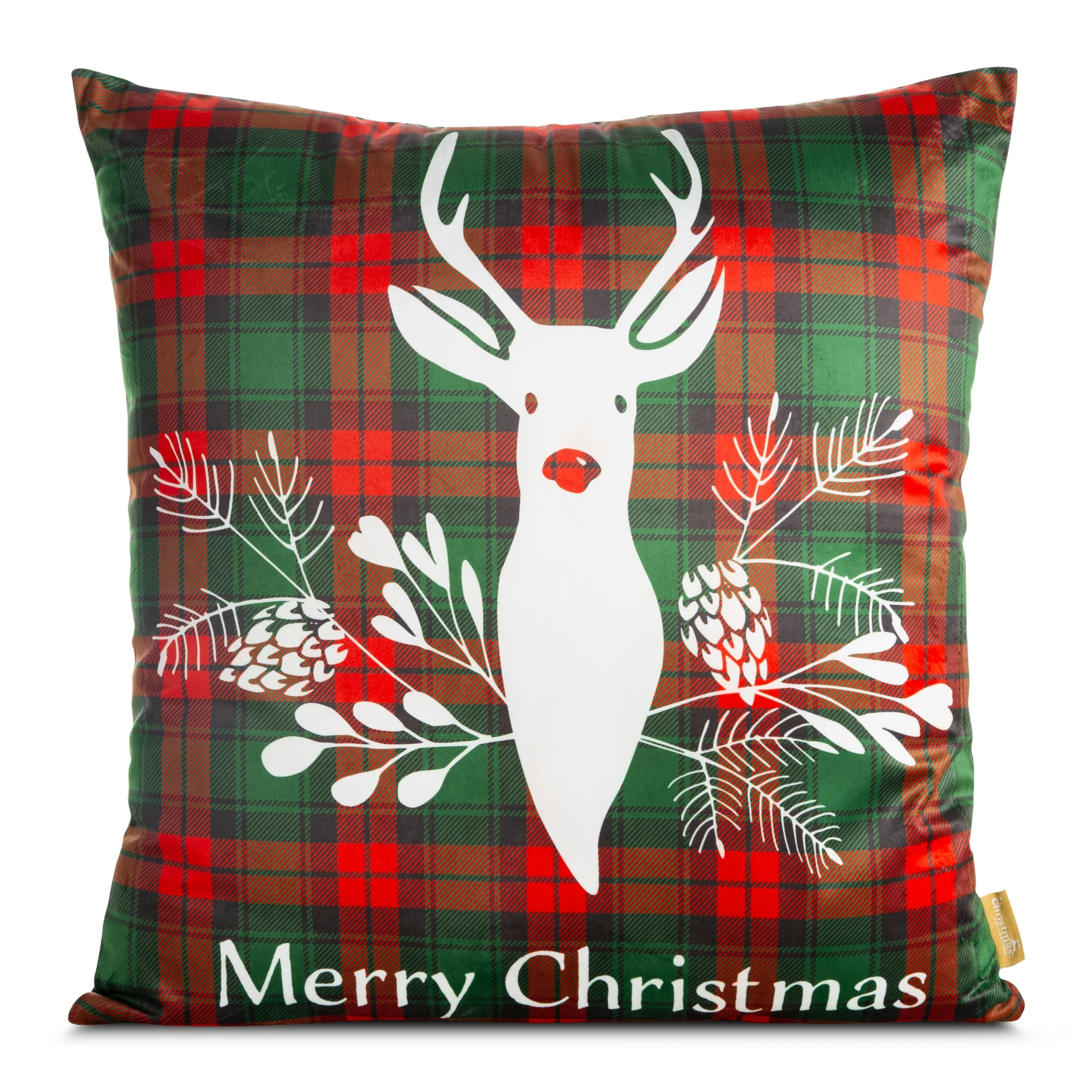 Poszewka na poduszkę 60x60 cm welwetowa, czerwono zielona z reniferem CHERRY | eurofirany