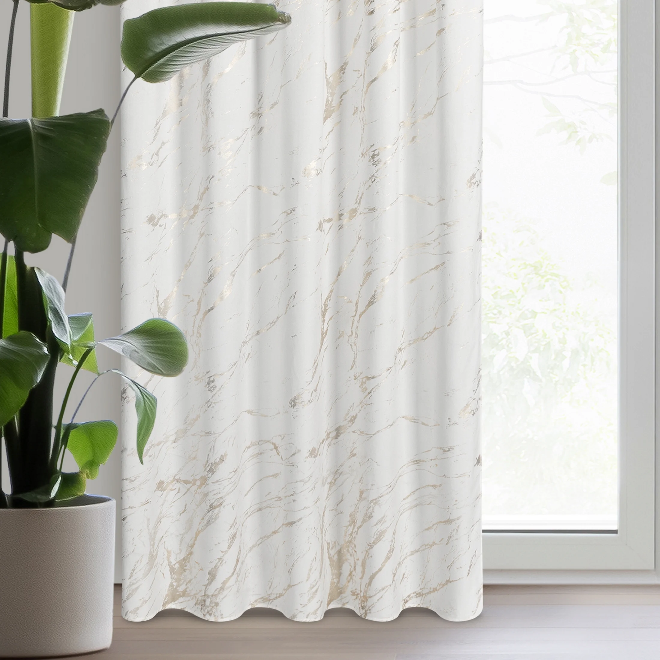 Zasłona welwetowa biało, złocista zdobiona marmurkiem 140x270 cm taśma - MOLLY | eurofirany