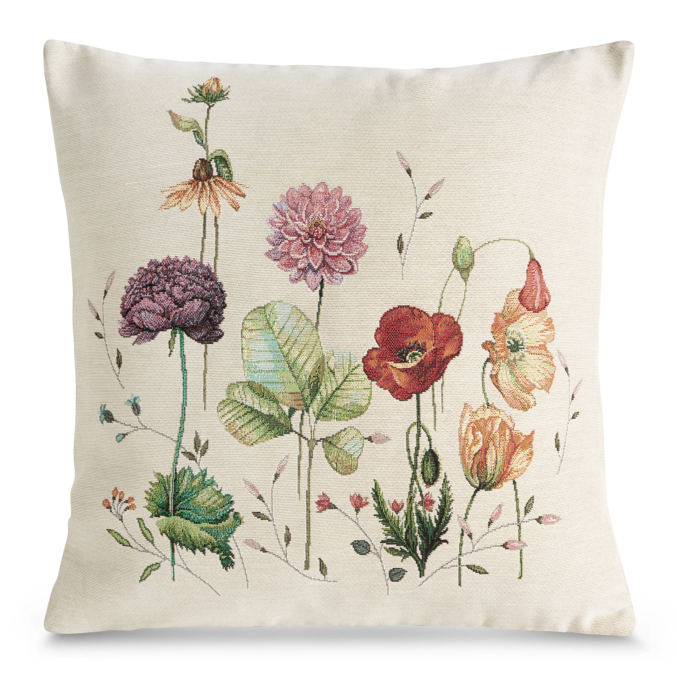 Poszewka na poduszkę 45x45 cm bawełniana, gobelinowa kremowo, zielona z motywem letnich kwiatów GOB | eurofirany